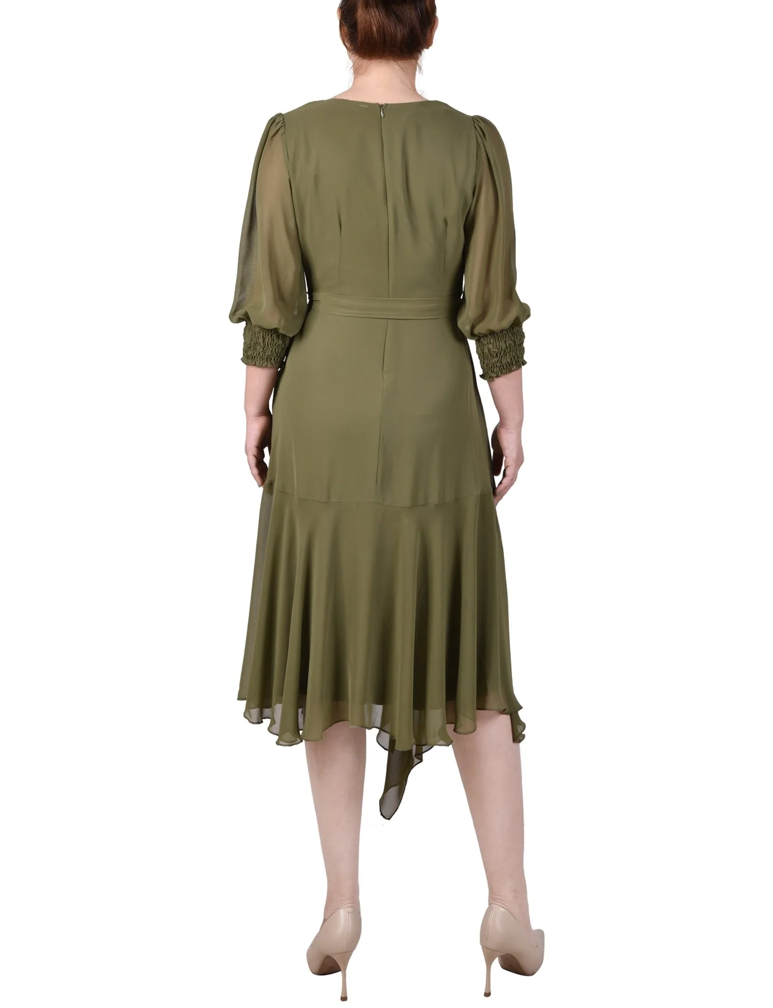 3/4 Length Sleeve Belted Chiffon Handkerchief Hem Dress - Petite - Image 5