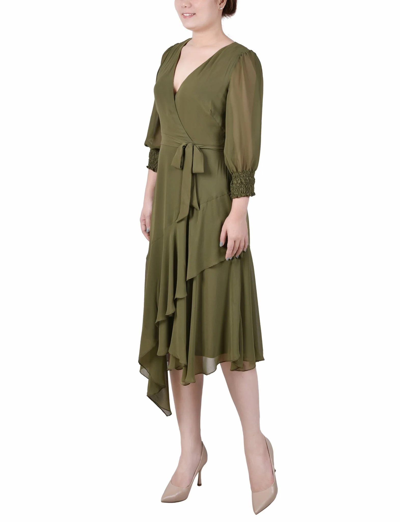 3/4 Length Sleeve Belted Chiffon Handkerchief Hem Dress - Petite - Image 6