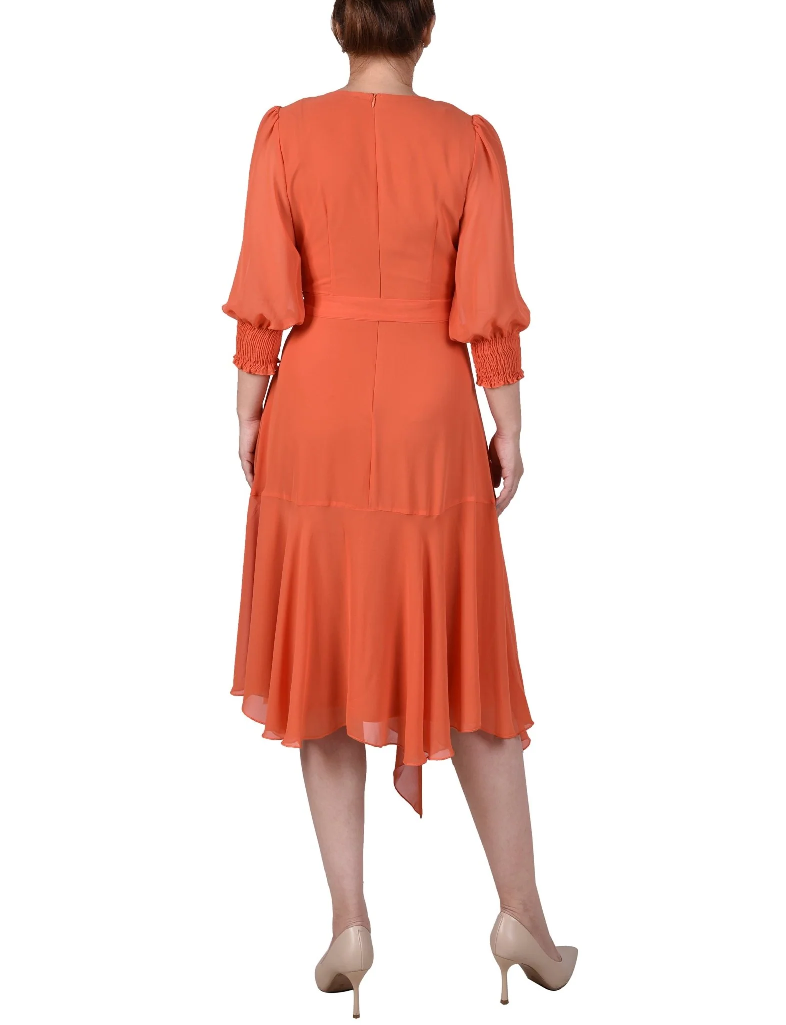 3/4 Length Sleeve Belted Chiffon Handkerchief Hem Dress - Petite - Image 9