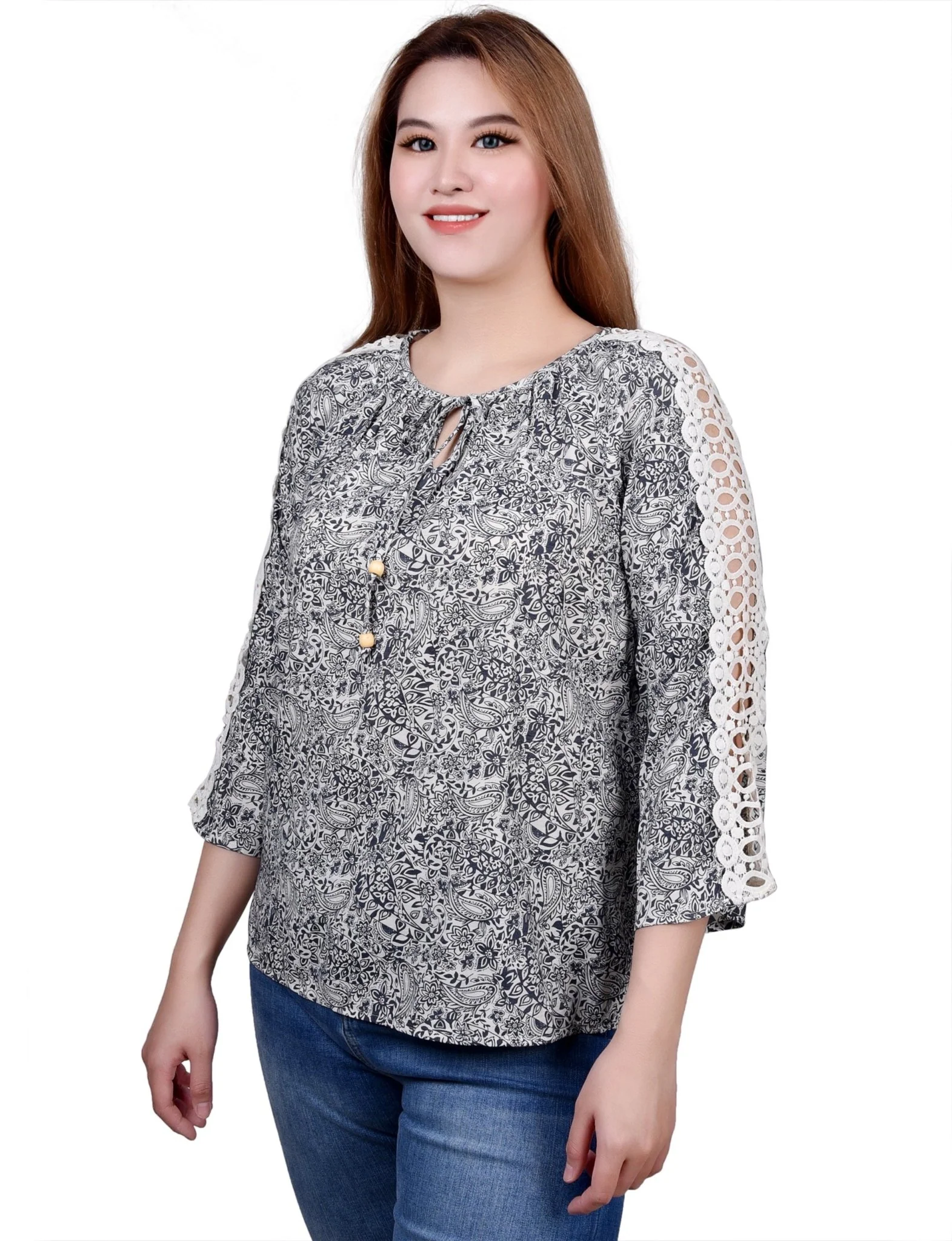 3/4 Length Sleeve Crochet Detail Blouse - Image 10