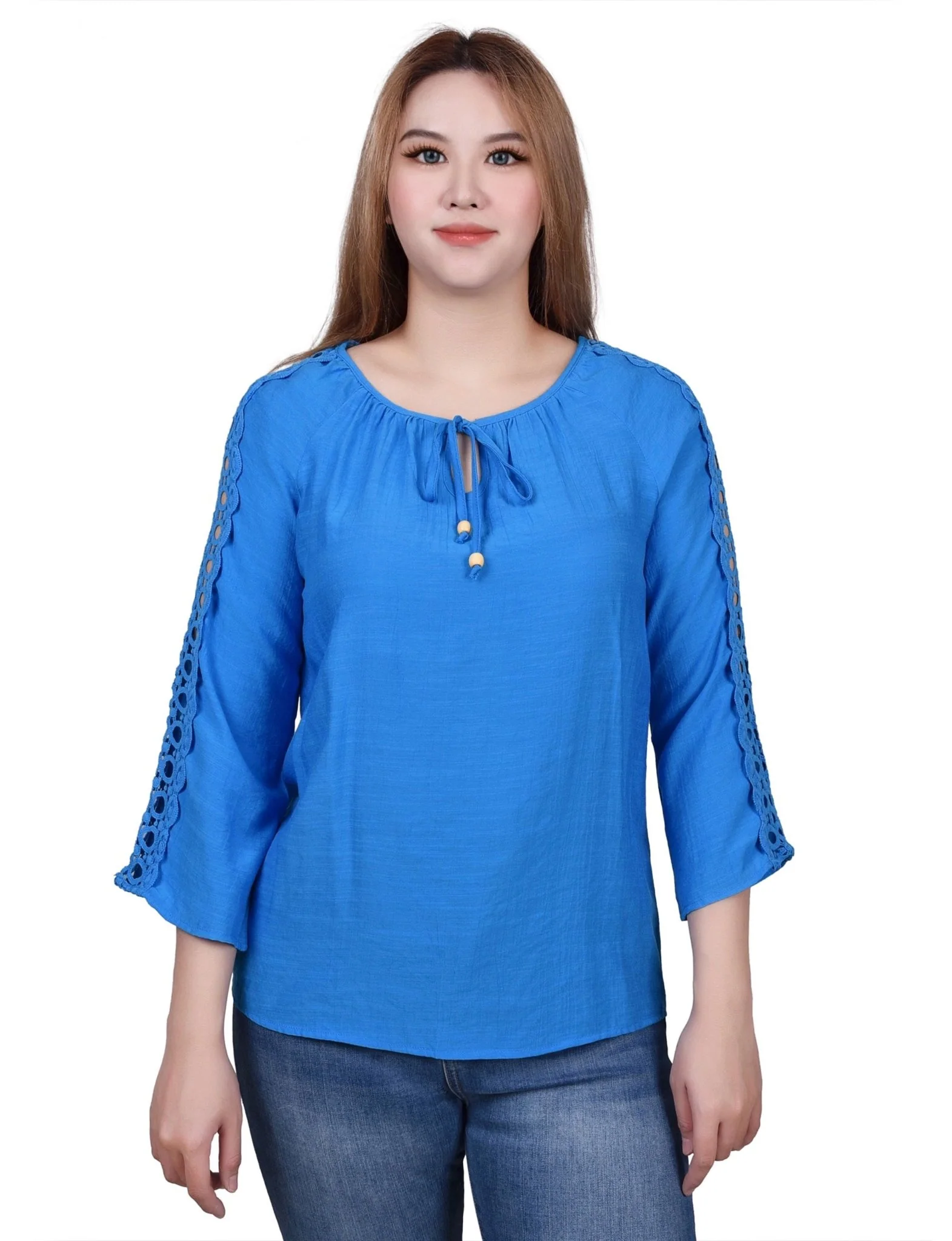 3/4 Length Sleeve Crochet Detail Blouse - Image 17