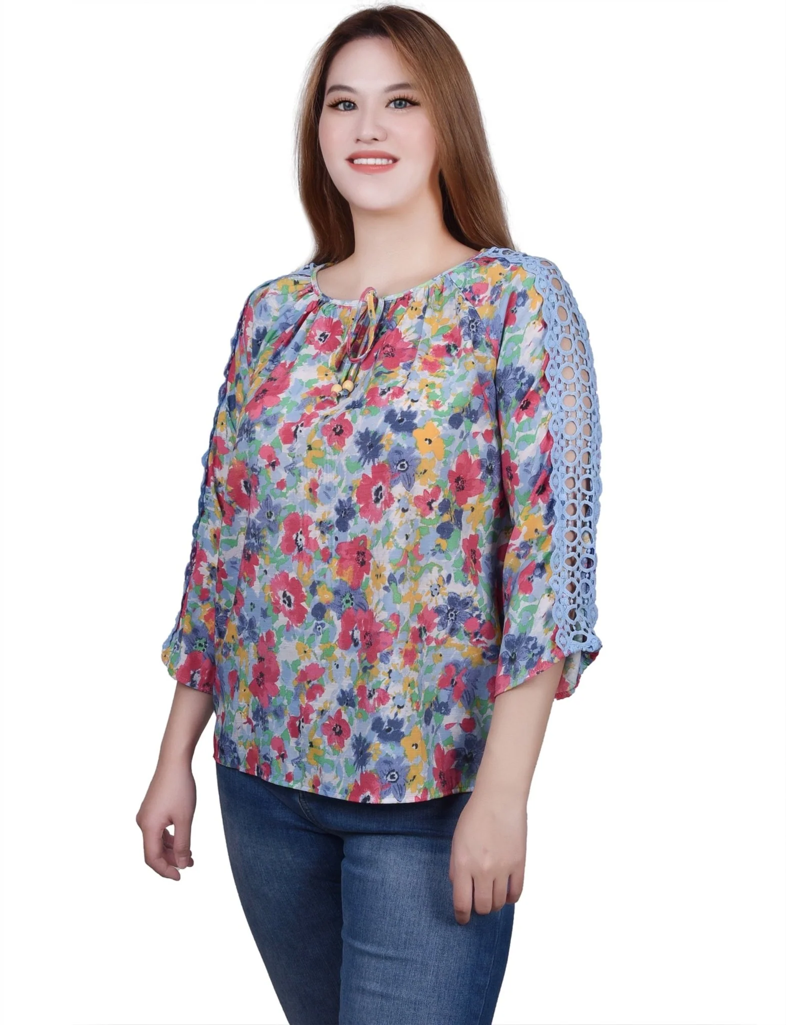 3/4 Length Sleeve Crochet Detail Blouse - Image 6