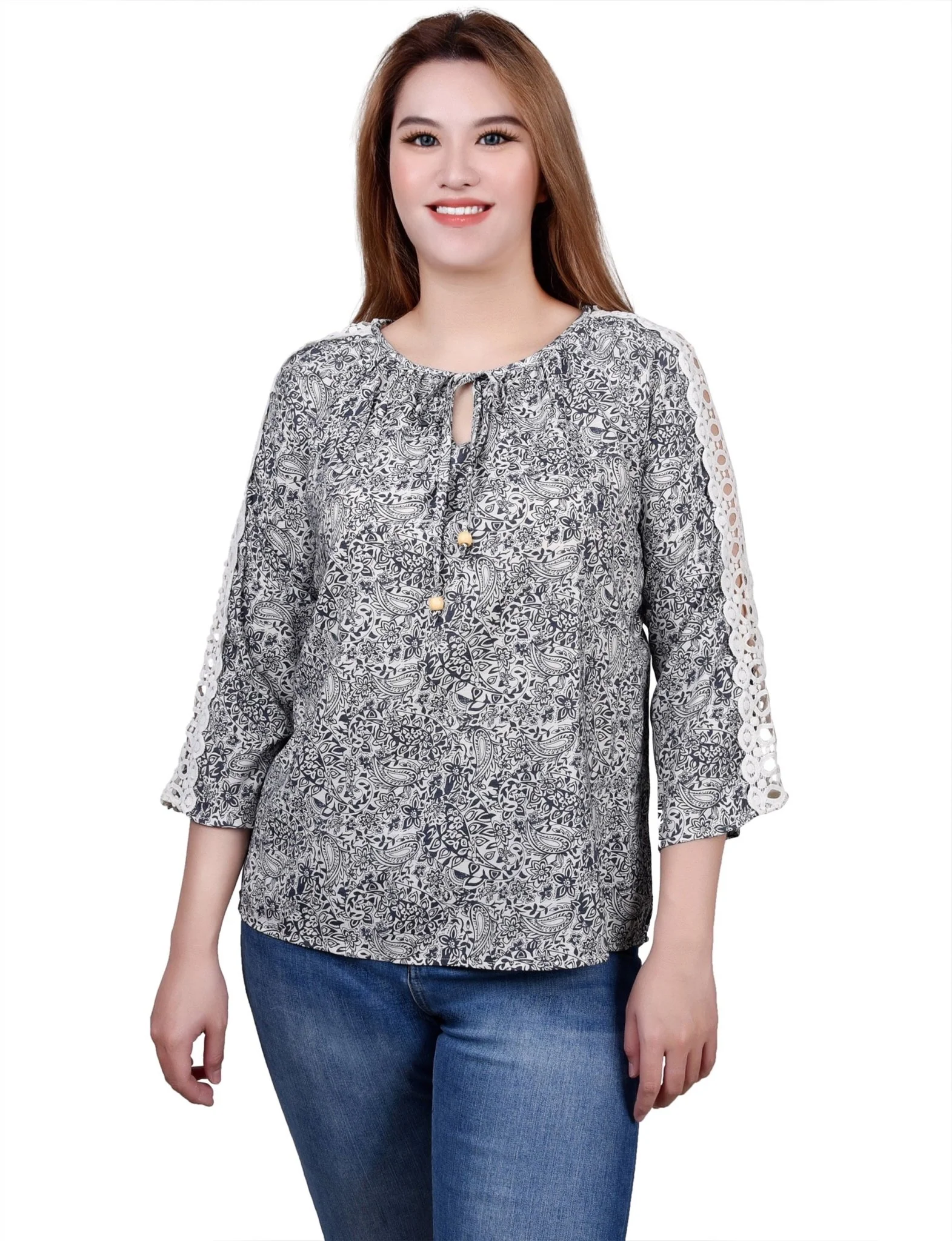 3/4 Length Sleeve Crochet Detail Blouse - Image 9