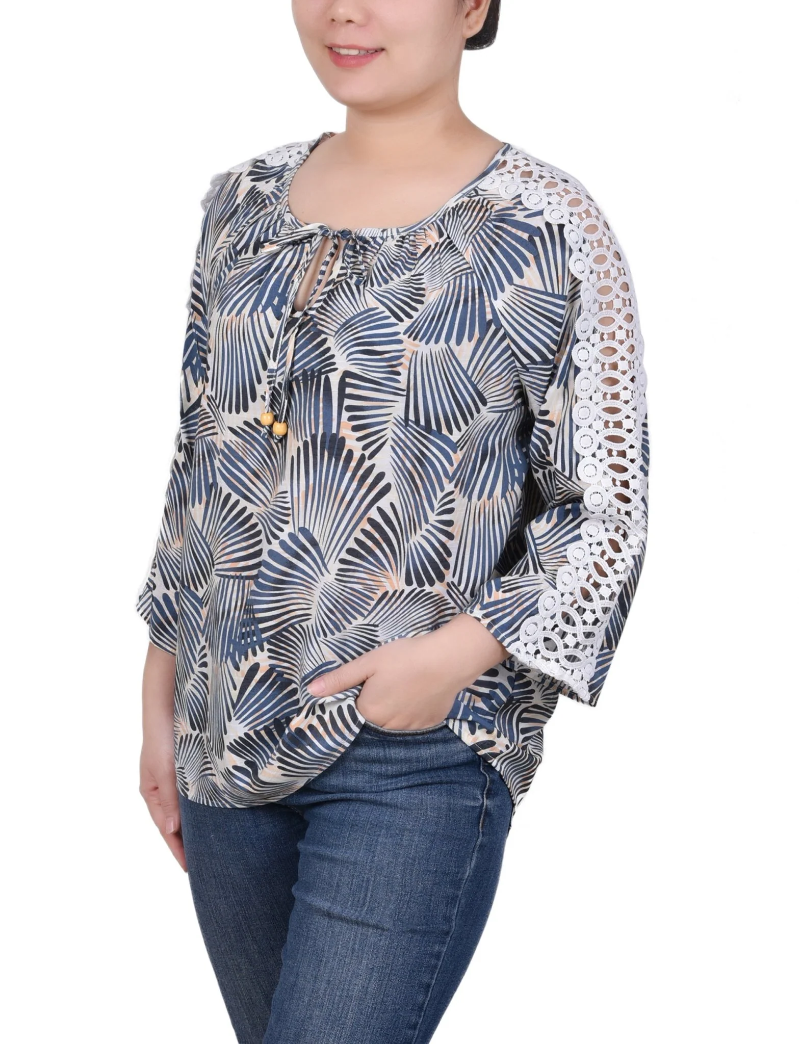 3/4 Length Sleeve Crochet Detail Blouse - Petite - Image 14