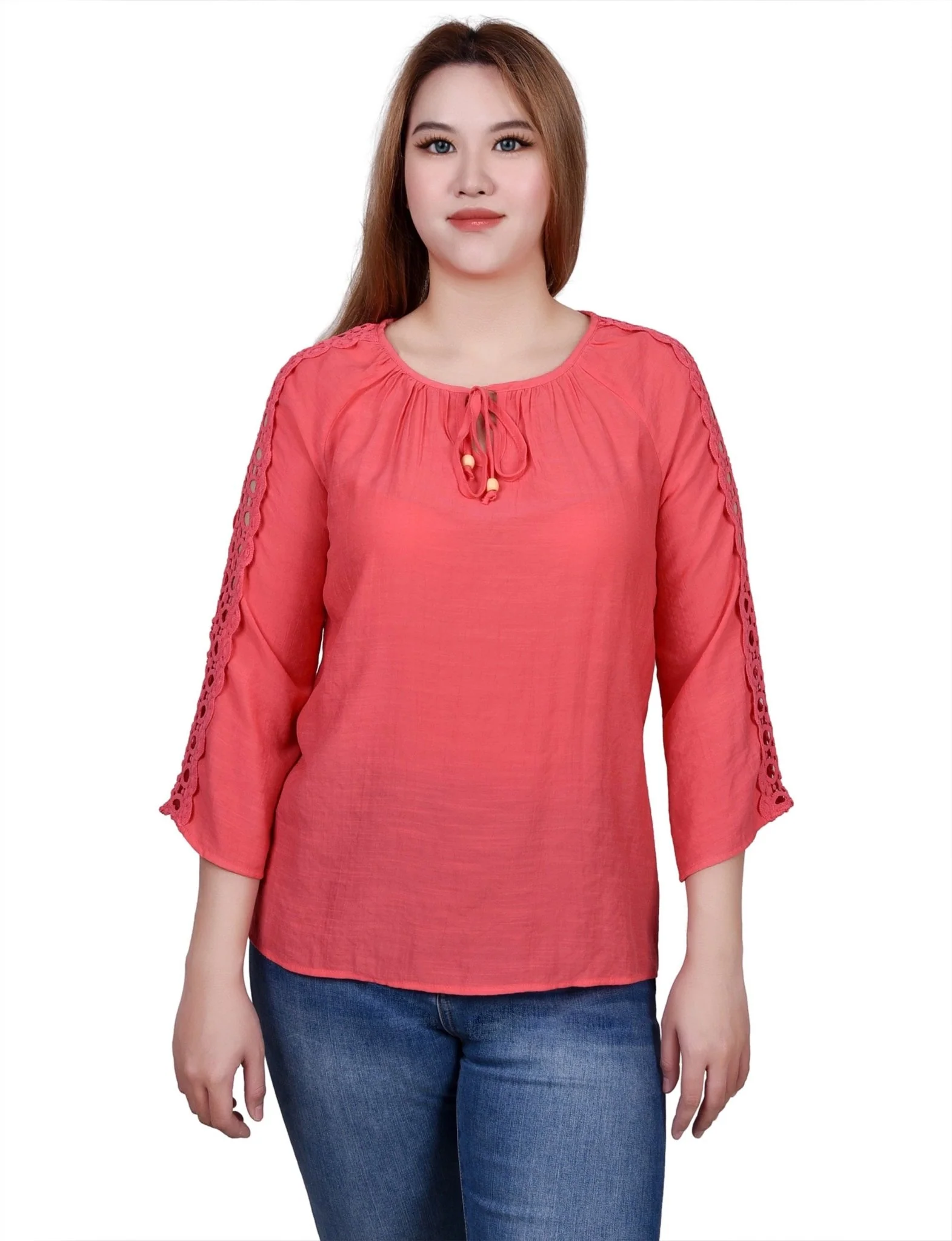 3/4 Length Sleeve Crochet Detail Blouse - Petite - Image 16