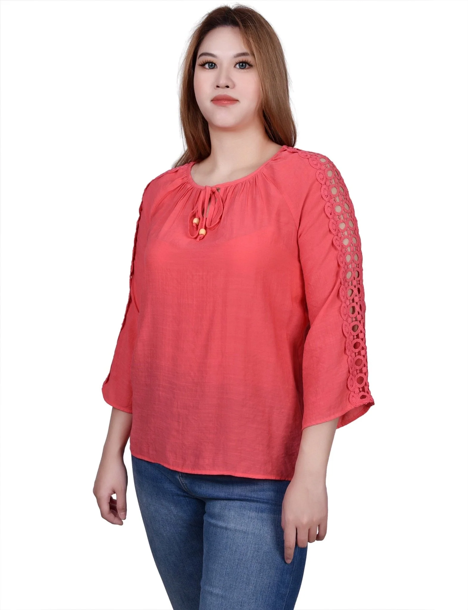 3/4 Length Sleeve Crochet Detail Blouse - Petite - Image 17