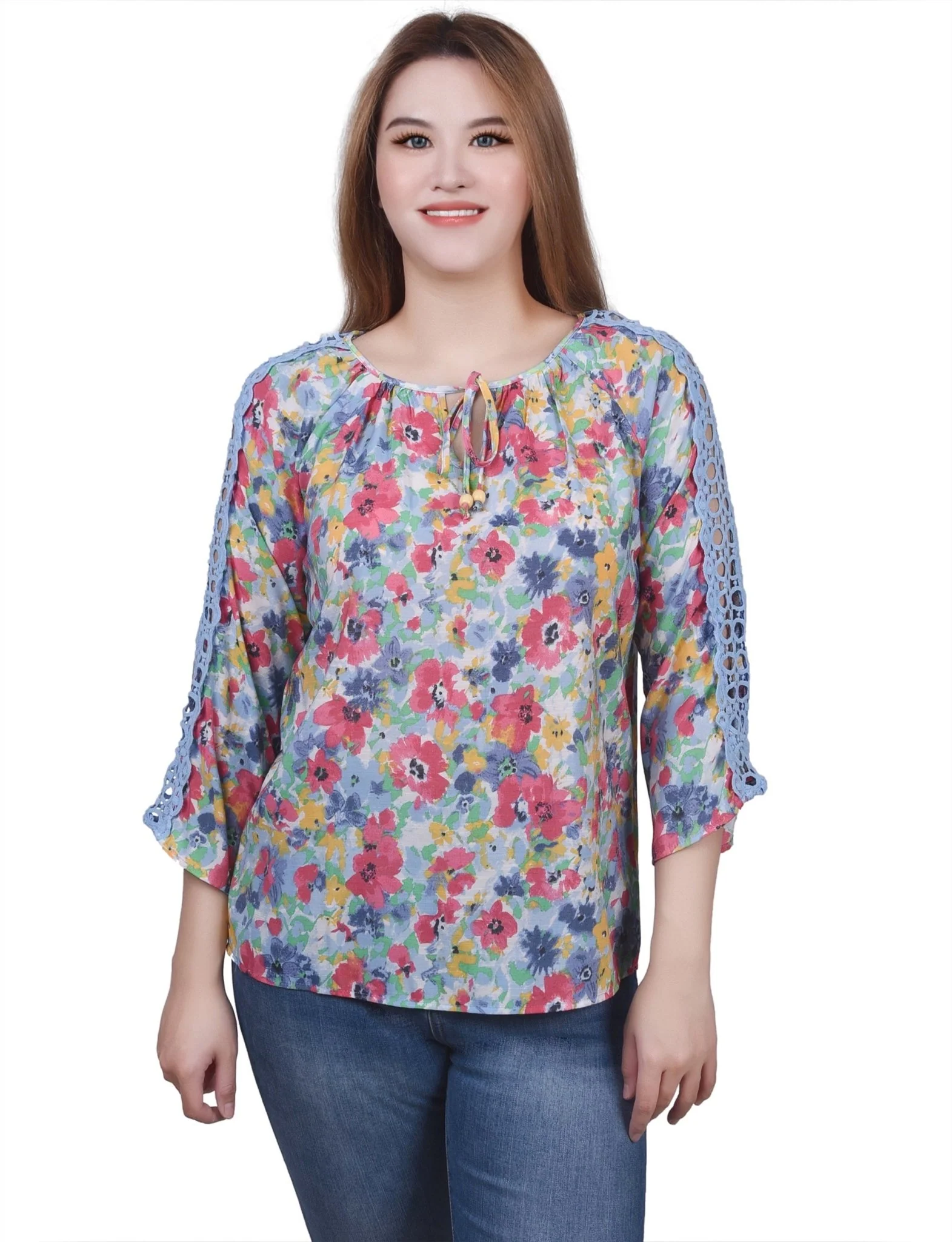 3/4 Length Sleeve Crochet Detail Blouse - Petite - Image 5