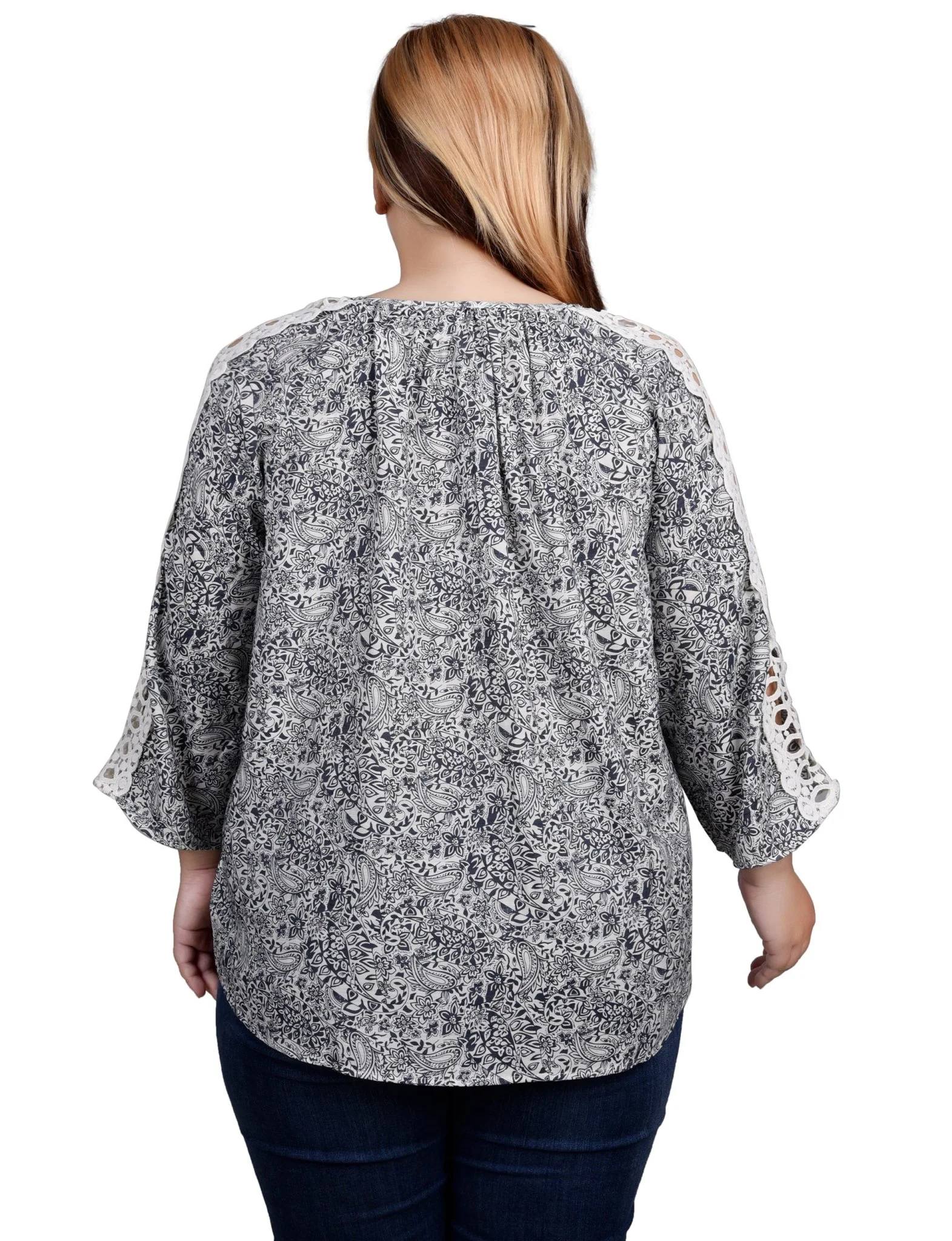3/4 Length Sleeve Crochet Detail Blouse - Plus - Image 11