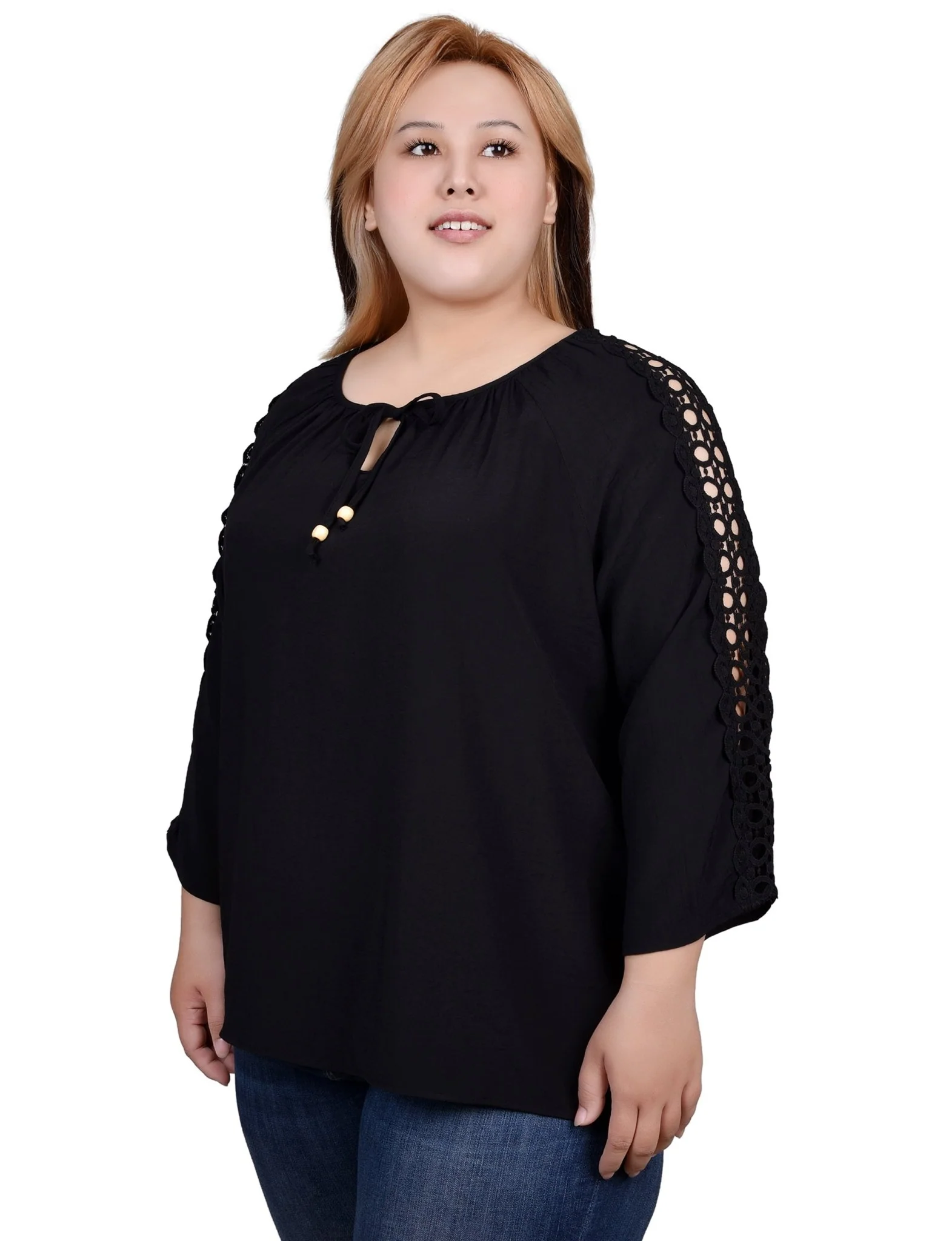 3/4 Length Sleeve Crochet Detail Blouse - Plus - Image 14