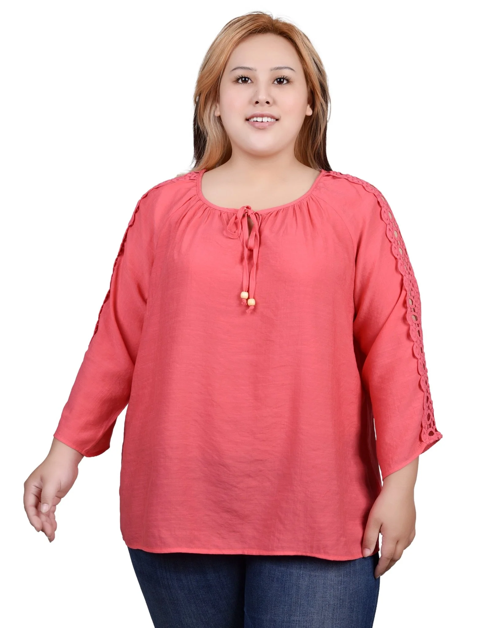 3/4 Length Sleeve Crochet Detail Blouse - Plus - Image 17