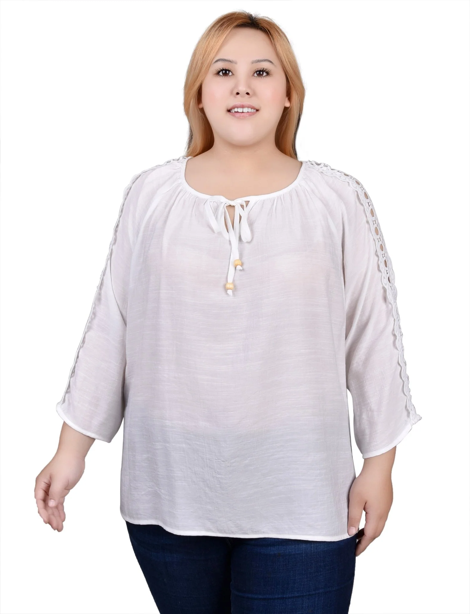 3/4 Length Sleeve Crochet Detail Blouse - Plus - Image 21