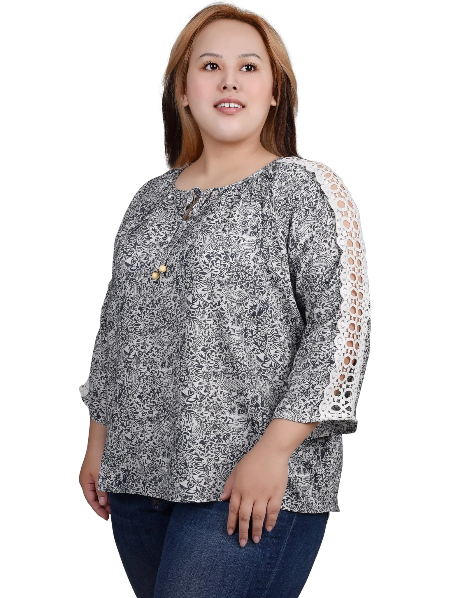 3/4 Length Sleeve Crochet Detail Blouse - Plus - Image 8