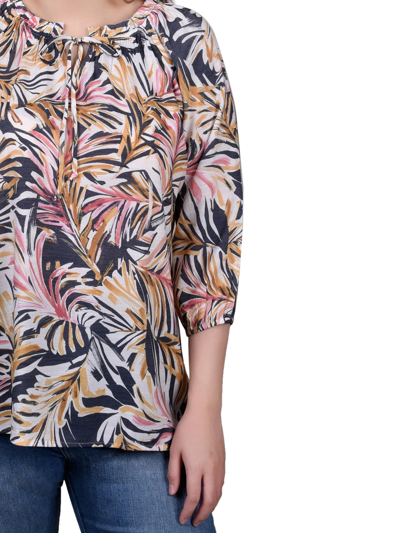 3/4 Length Sleeve Drawstring Neck Blouse - Image 3