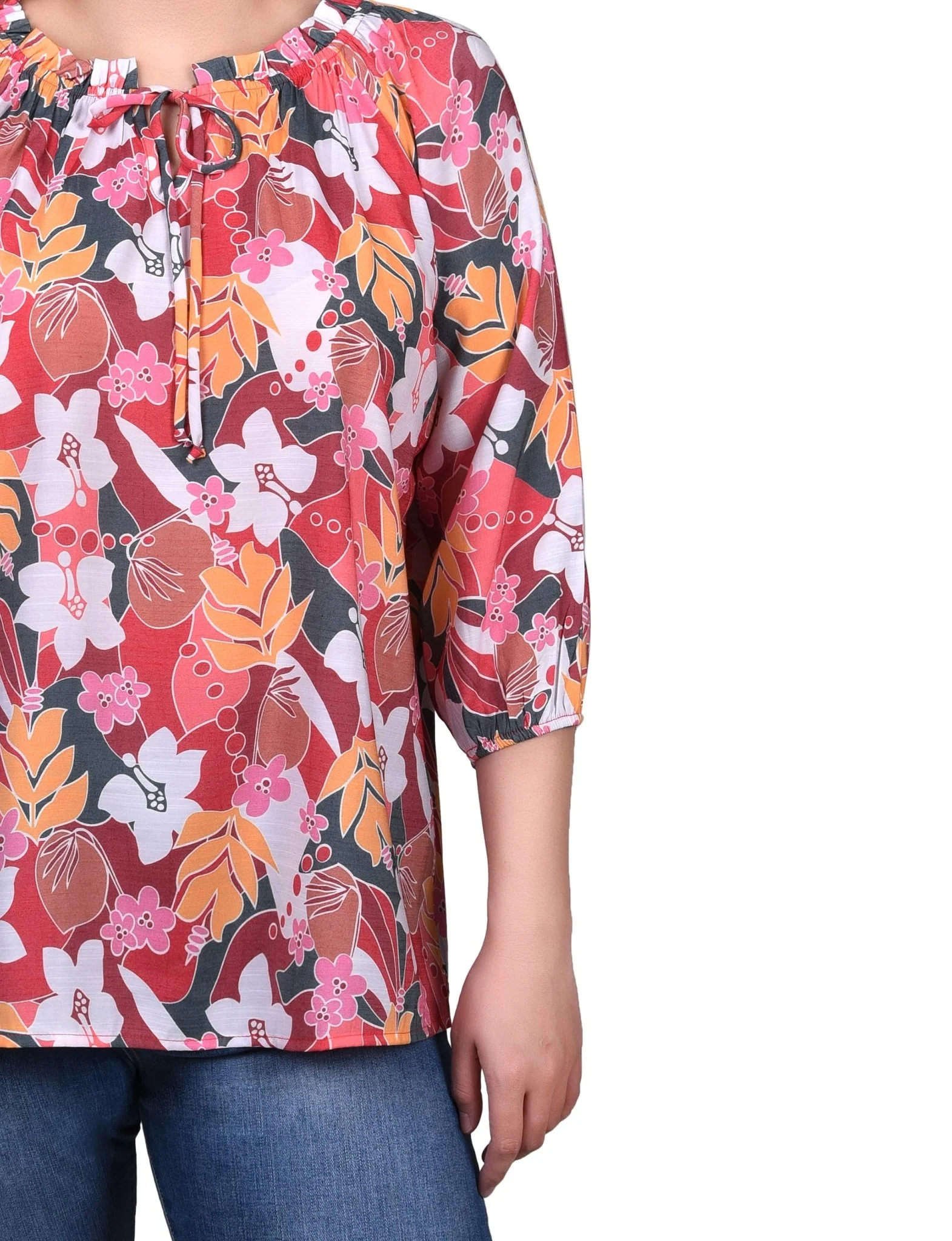 3/4 Length Sleeve Drawstring Neck Blouse - Image 7