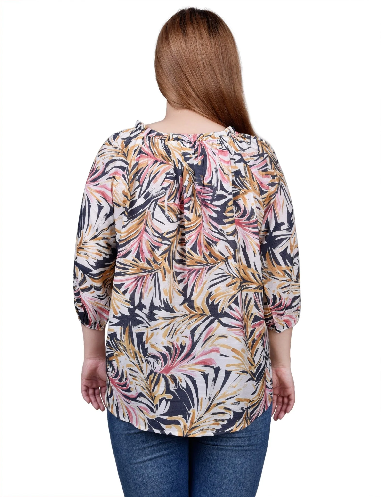 3/4 Length Sleeve Drawstring Neck Blouse - Petite - Image 4