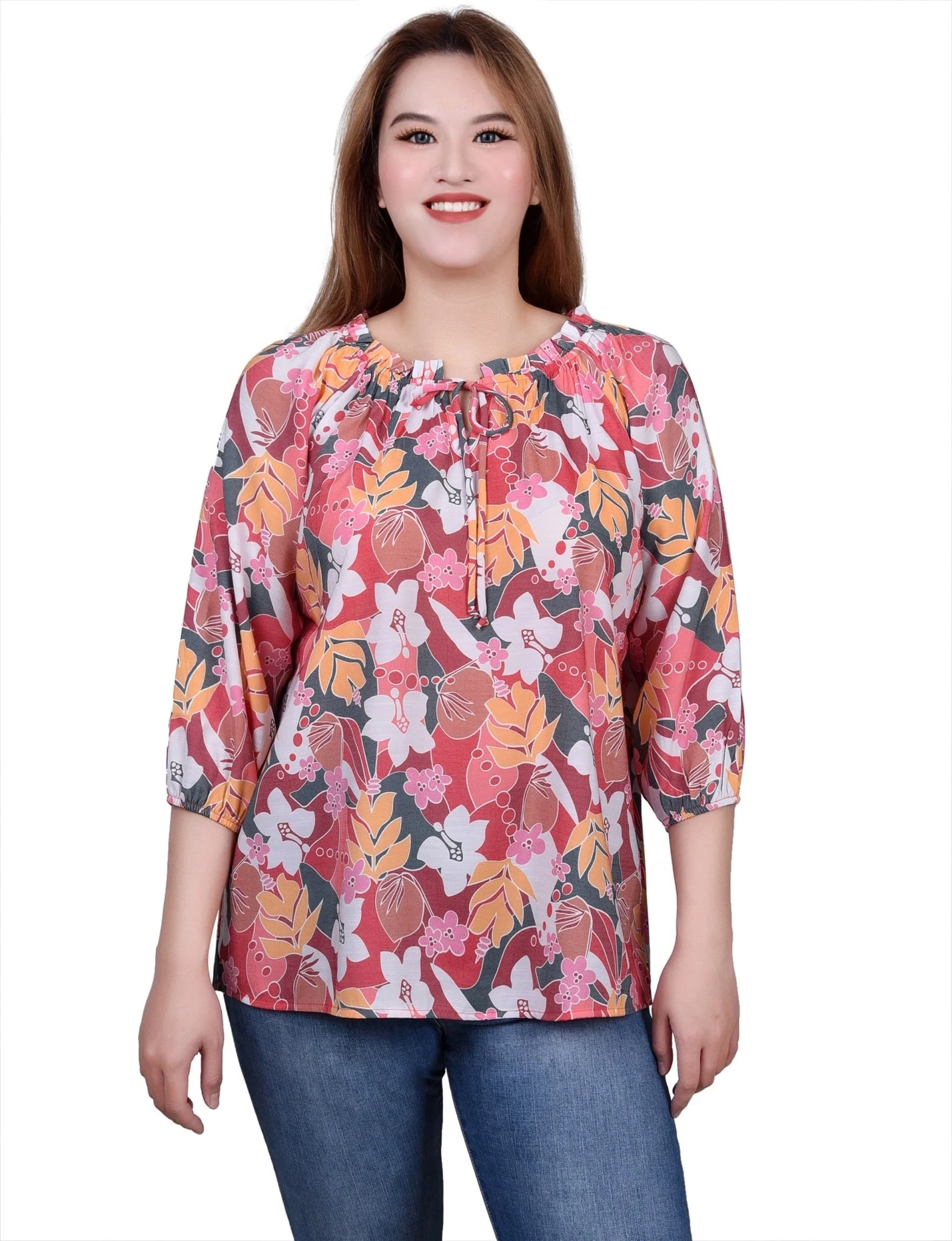 3/4 Length Sleeve Drawstring Neck Blouse - Petite - Image 5