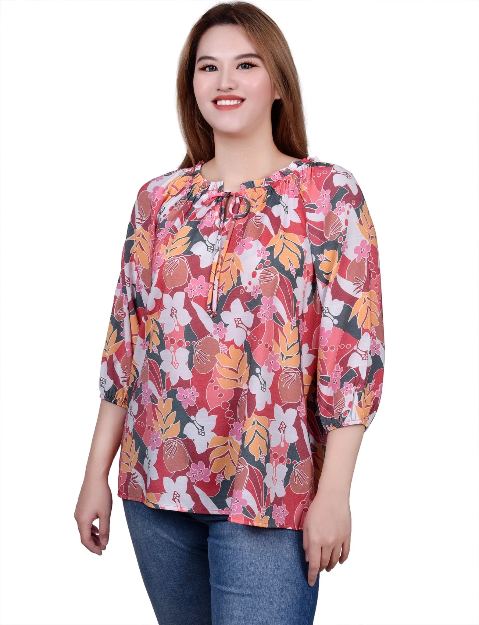 3/4 Length Sleeve Drawstring Neck Blouse - Petite - Image 6