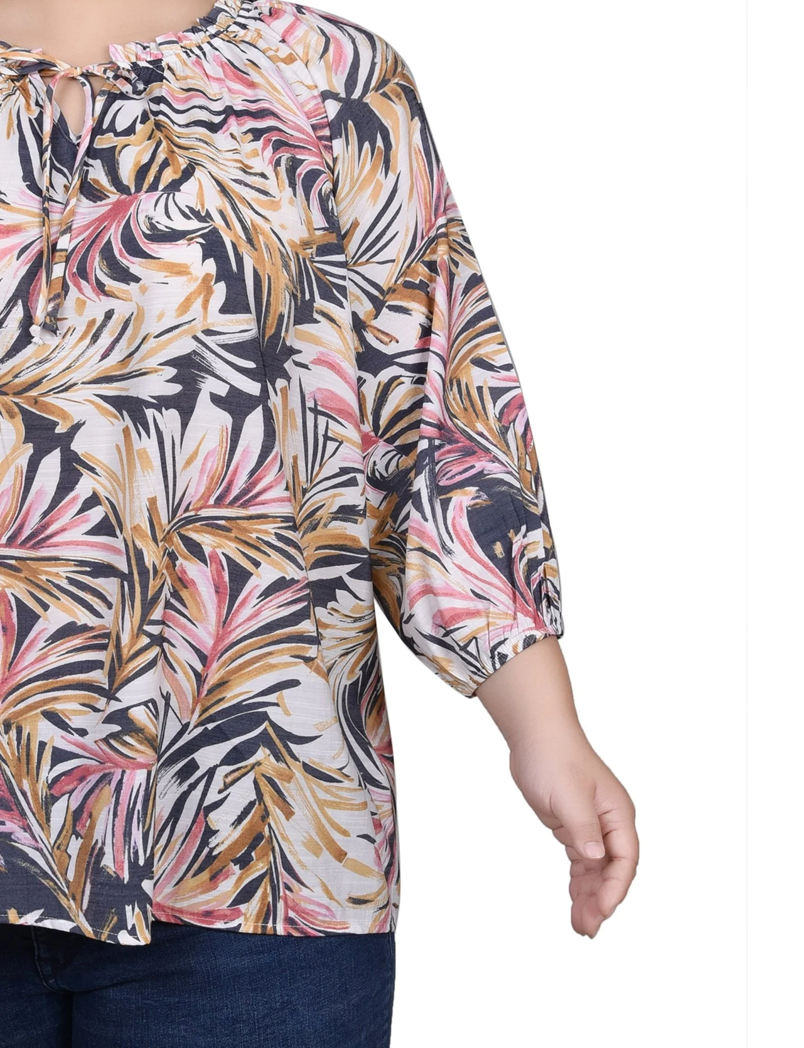 3/4 Length Sleeve Drawstring Neck Blouse - Plus - Image 3