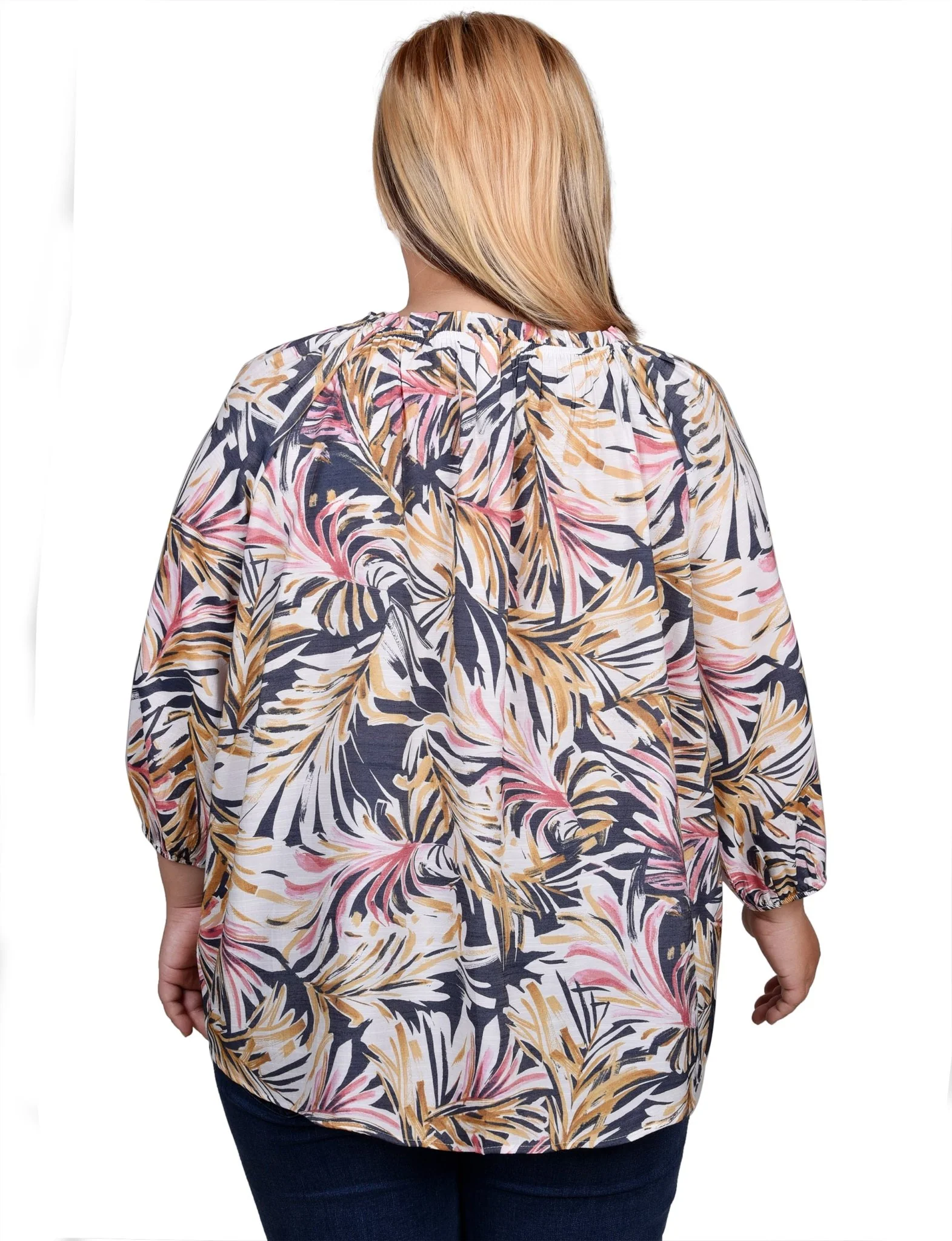 3/4 Length Sleeve Drawstring Neck Blouse - Plus - Image 4