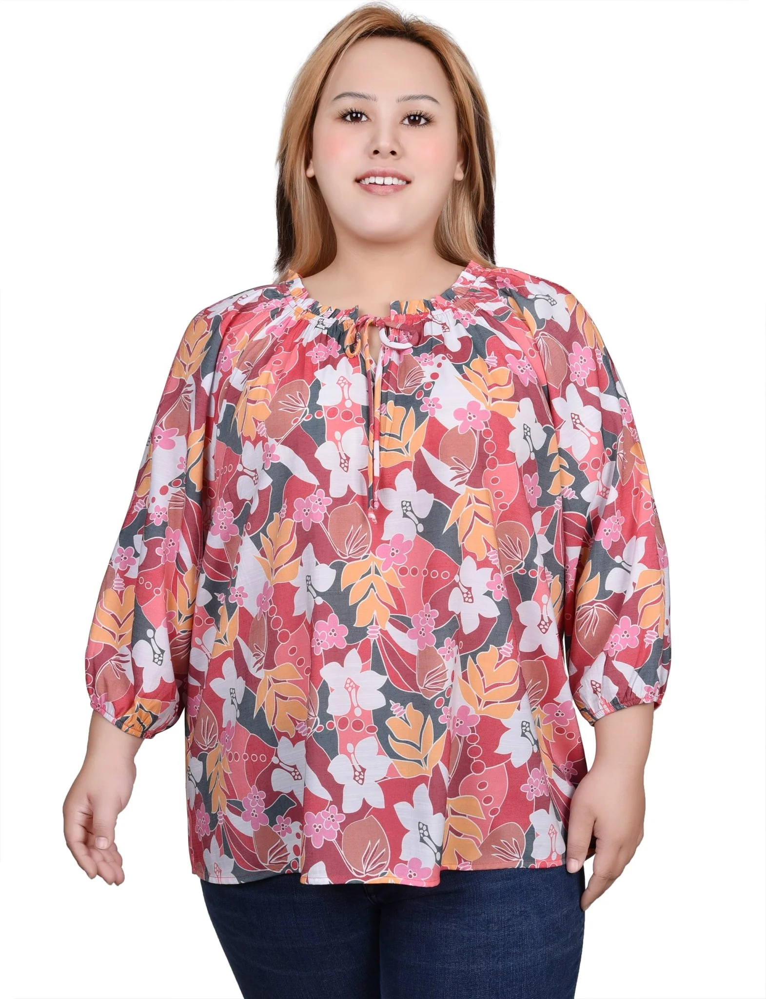 3/4 Length Sleeve Drawstring Neck Blouse - Plus - Image 5