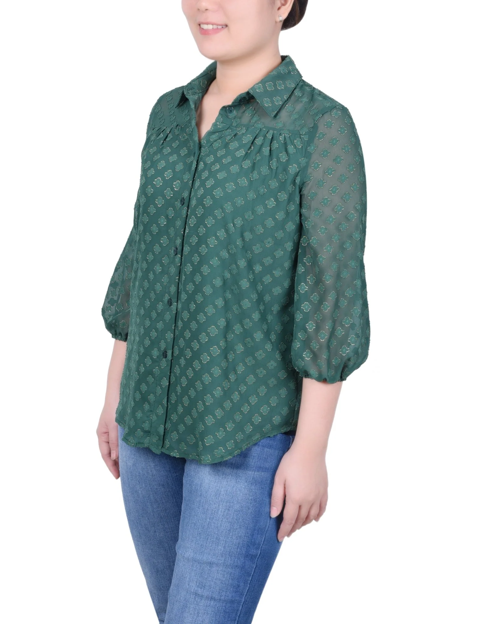 3/4 Length Sleeve Foiled Jacquard Chiffon Blouse - Petite - Image 6