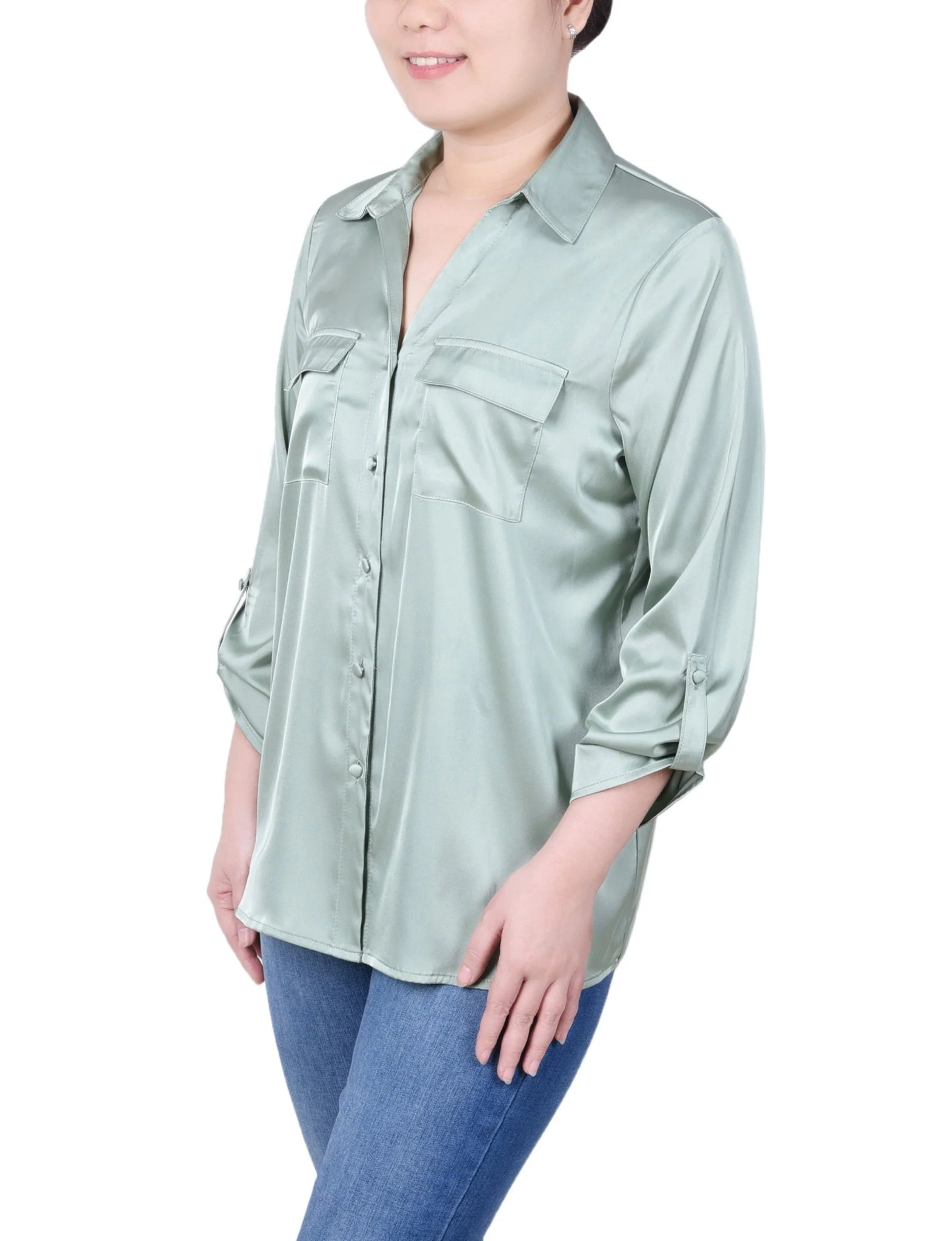 3/4 Length Sleeve Roll Tab Satin Blouse - Petite - Image 10