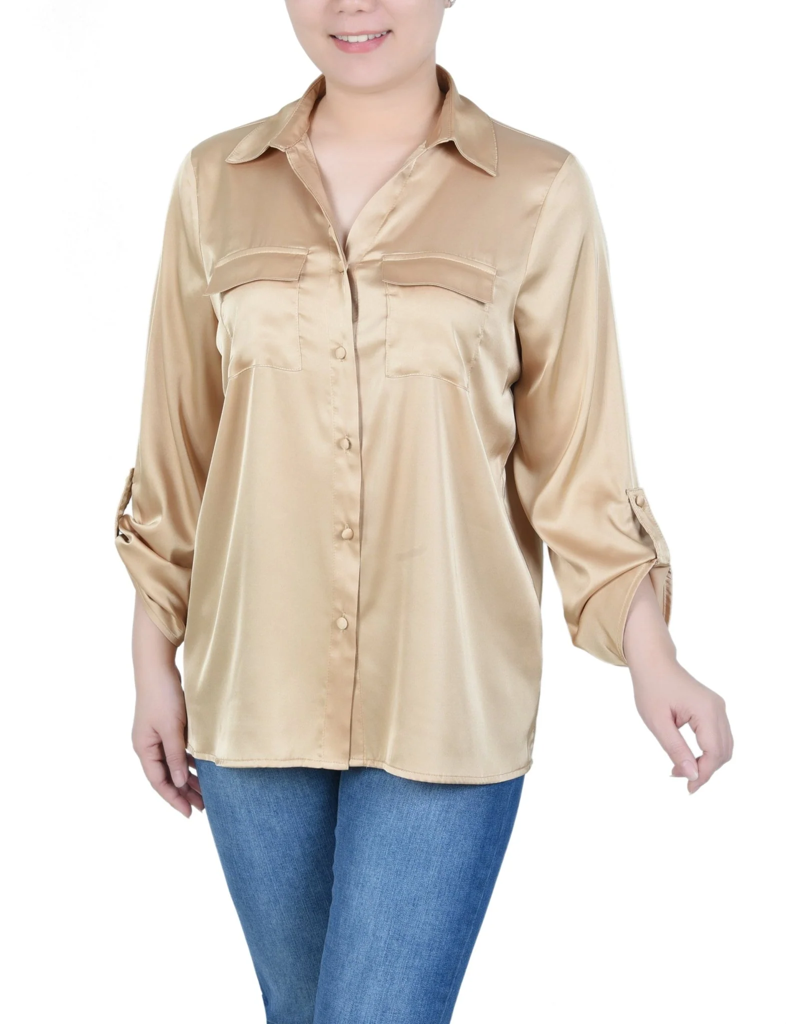 3/4 Length Sleeve Roll Tab Satin Blouse - Petite - Image 5