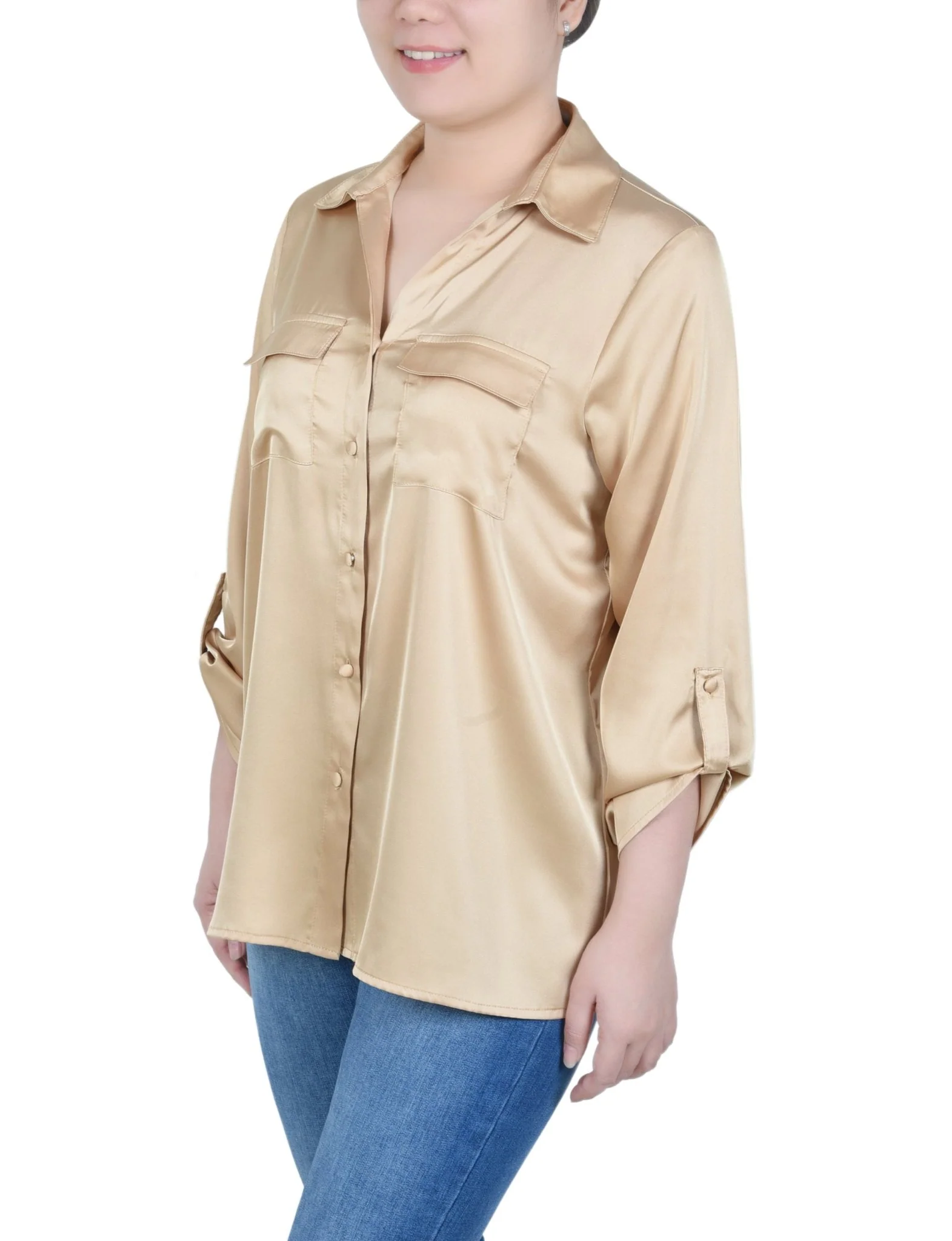 3/4 Length Sleeve Roll Tab Satin Blouse - Petite - Image 6