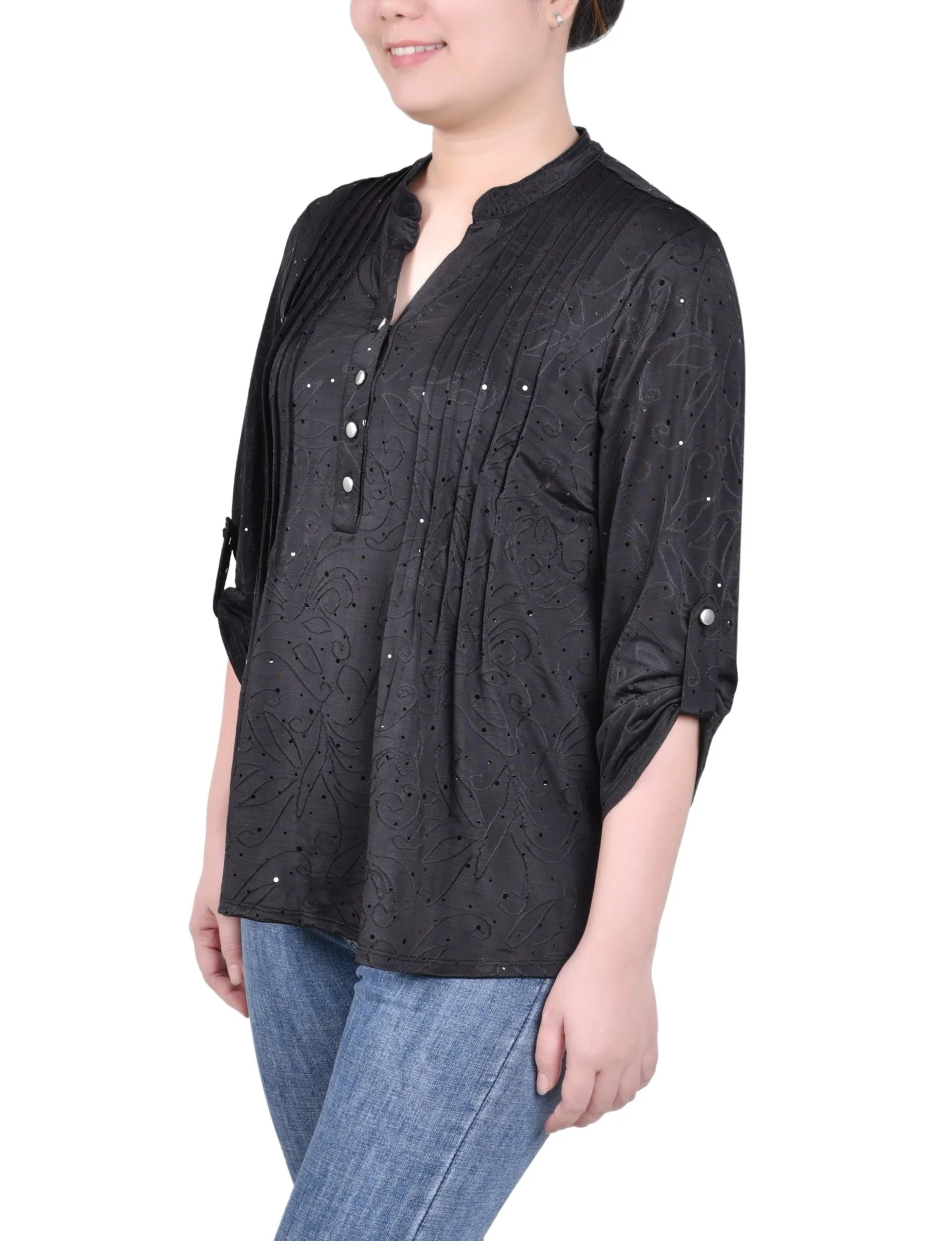 3/4 Length Sleeve Roll Tab Y Neck Top - Petite - Image 2
