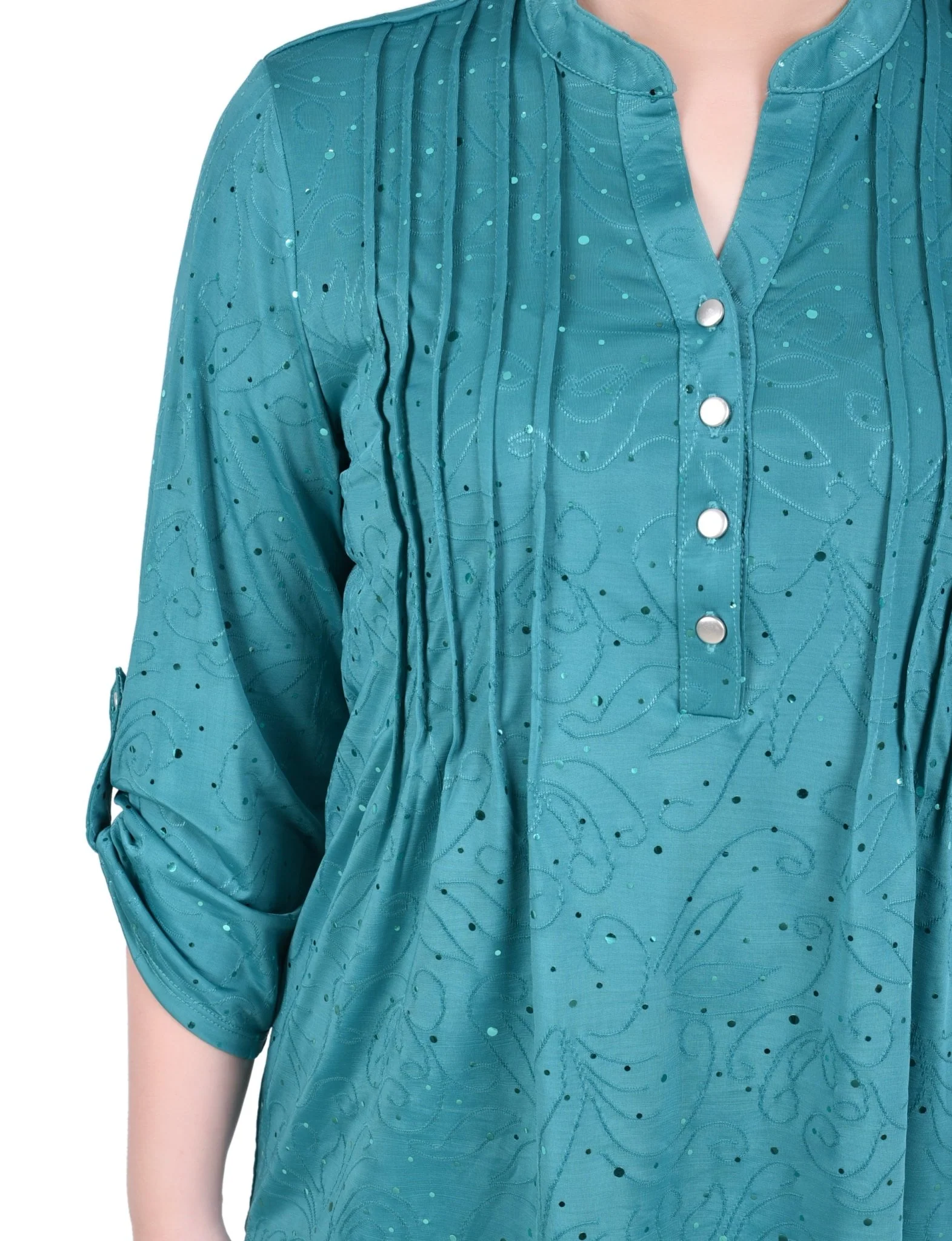 3/4 Length Sleeve Roll Tab Y Neck Top - Petite - Image 7