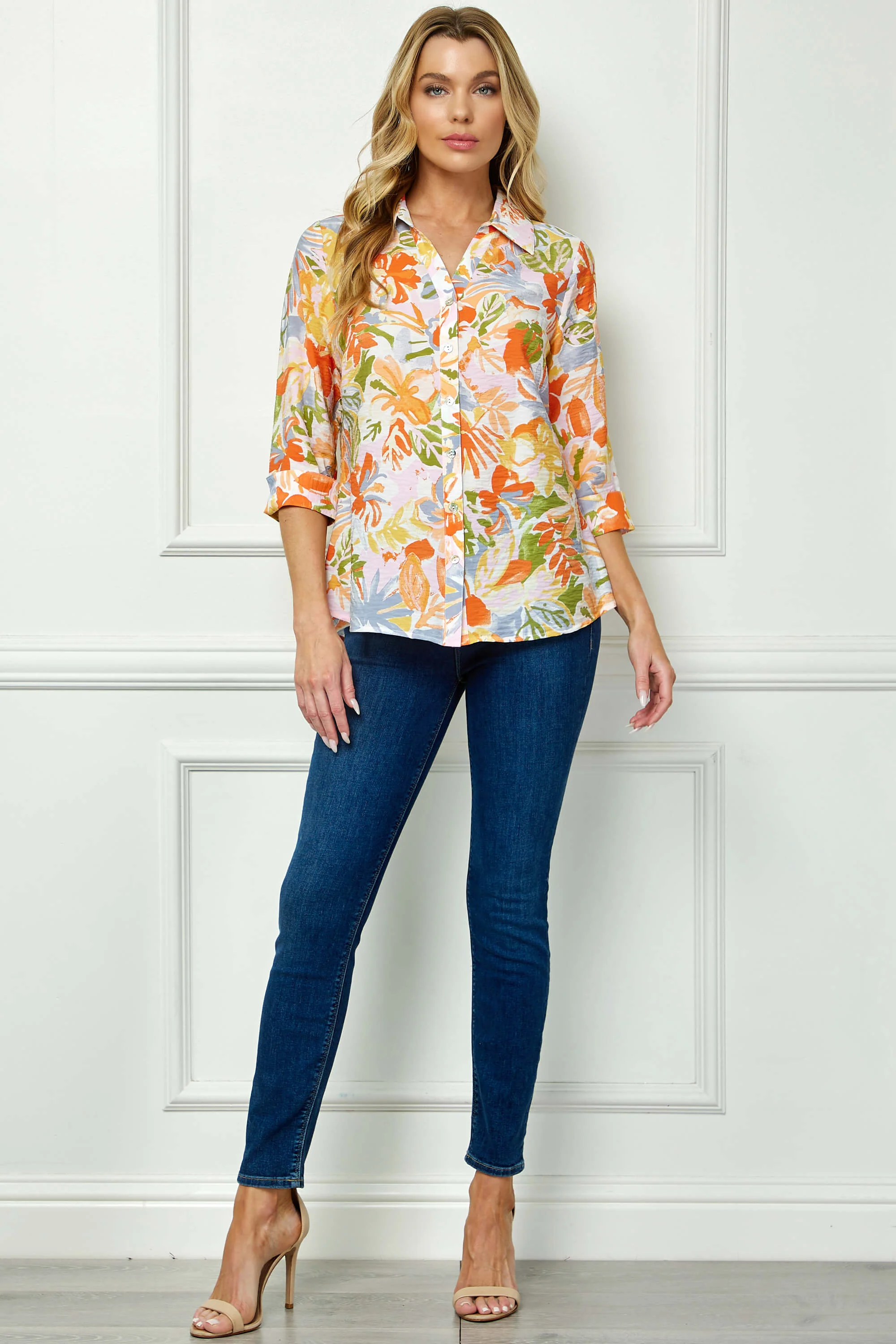 3/4 Notch Cuff Sleeve Johnny Collar Shirt in Orange - Image 4
