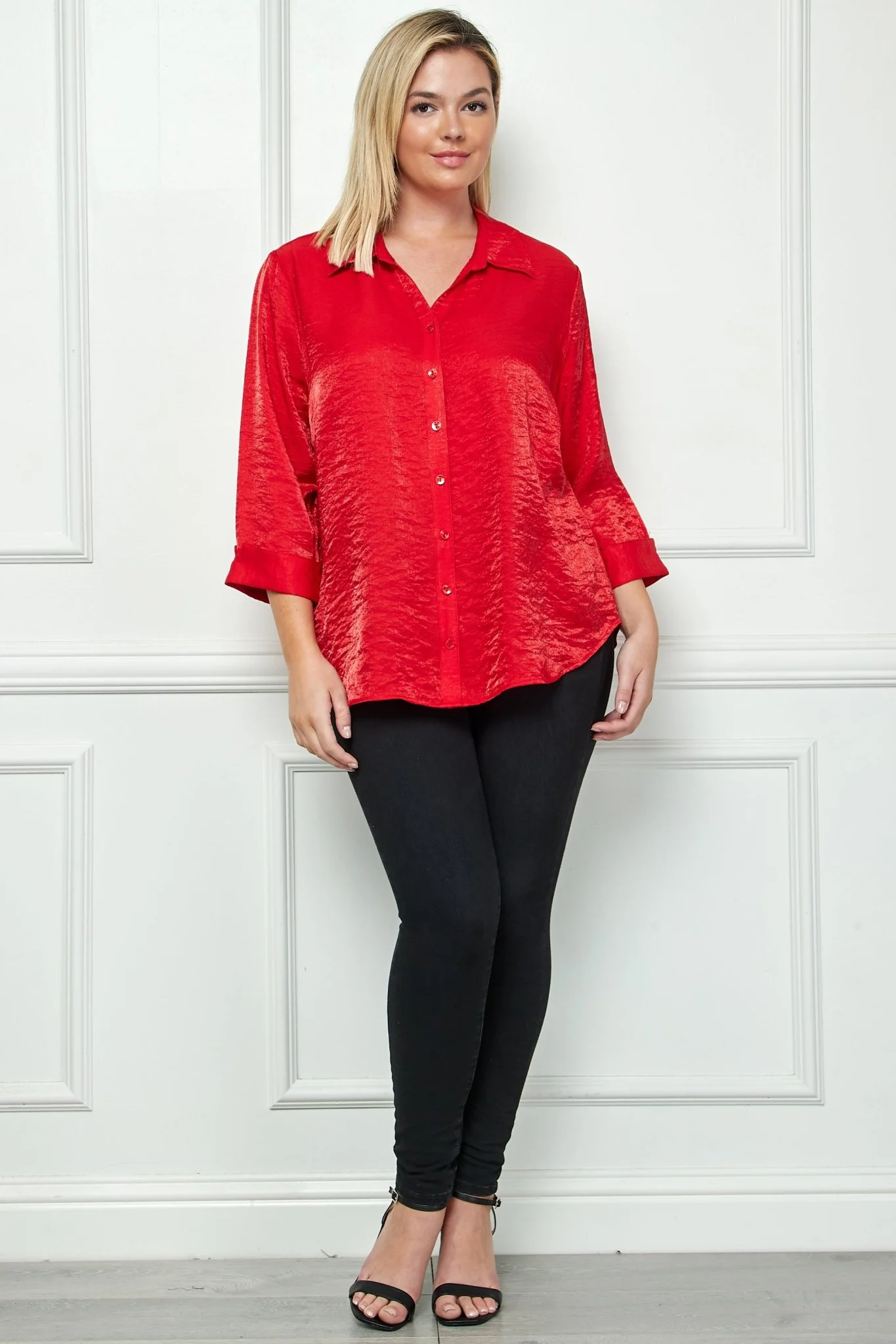 3/4 Notch Sleeve Button Front Shirt Top- Plus - Image 2