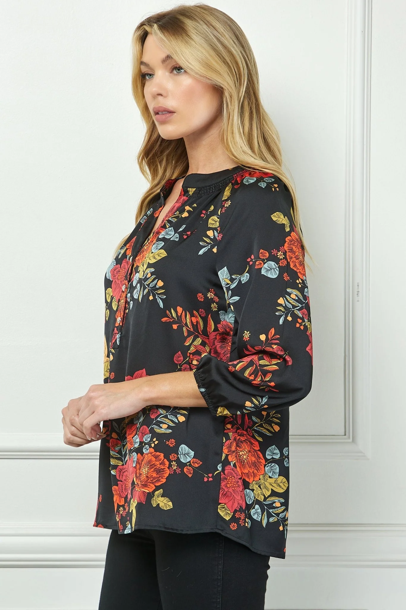 3/4 Quarter Elastic Sleeve Mandarin Smock Collar Popover - Image 3