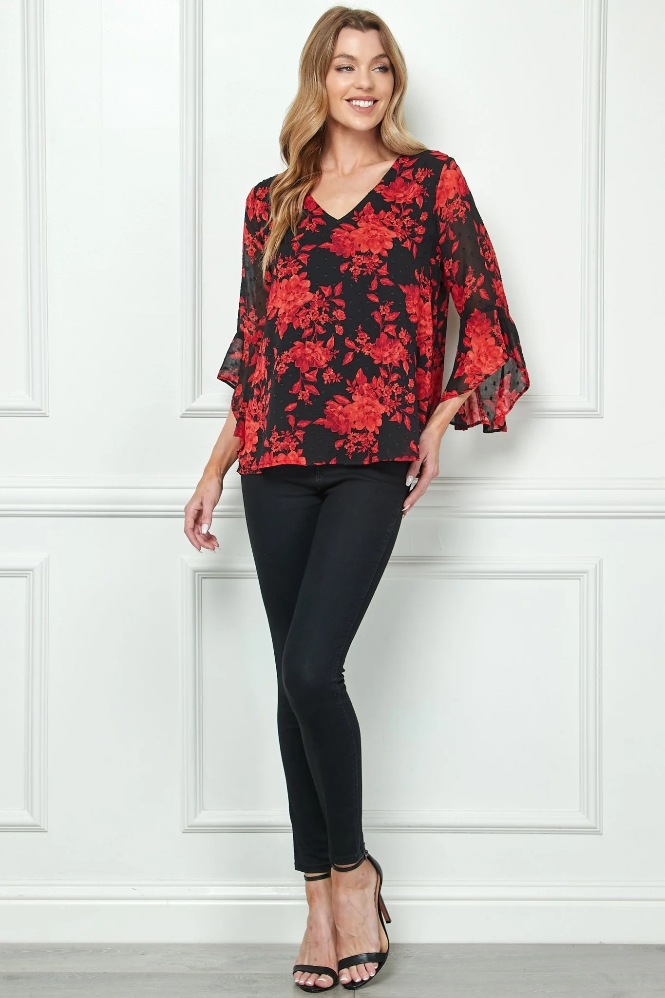3/4 Quarter Ruffle Sleeve V-Neck Swing Blouse, Black/Wine/Red - Image 3