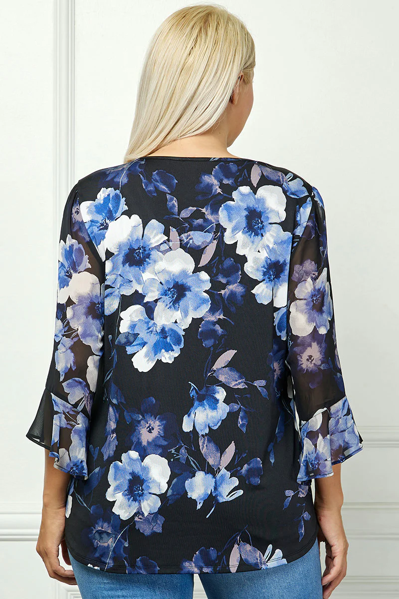 3/4 Ruffle Sleeve Pintuck V-Neck Popover Blouse in Blue - Plus - Image 4