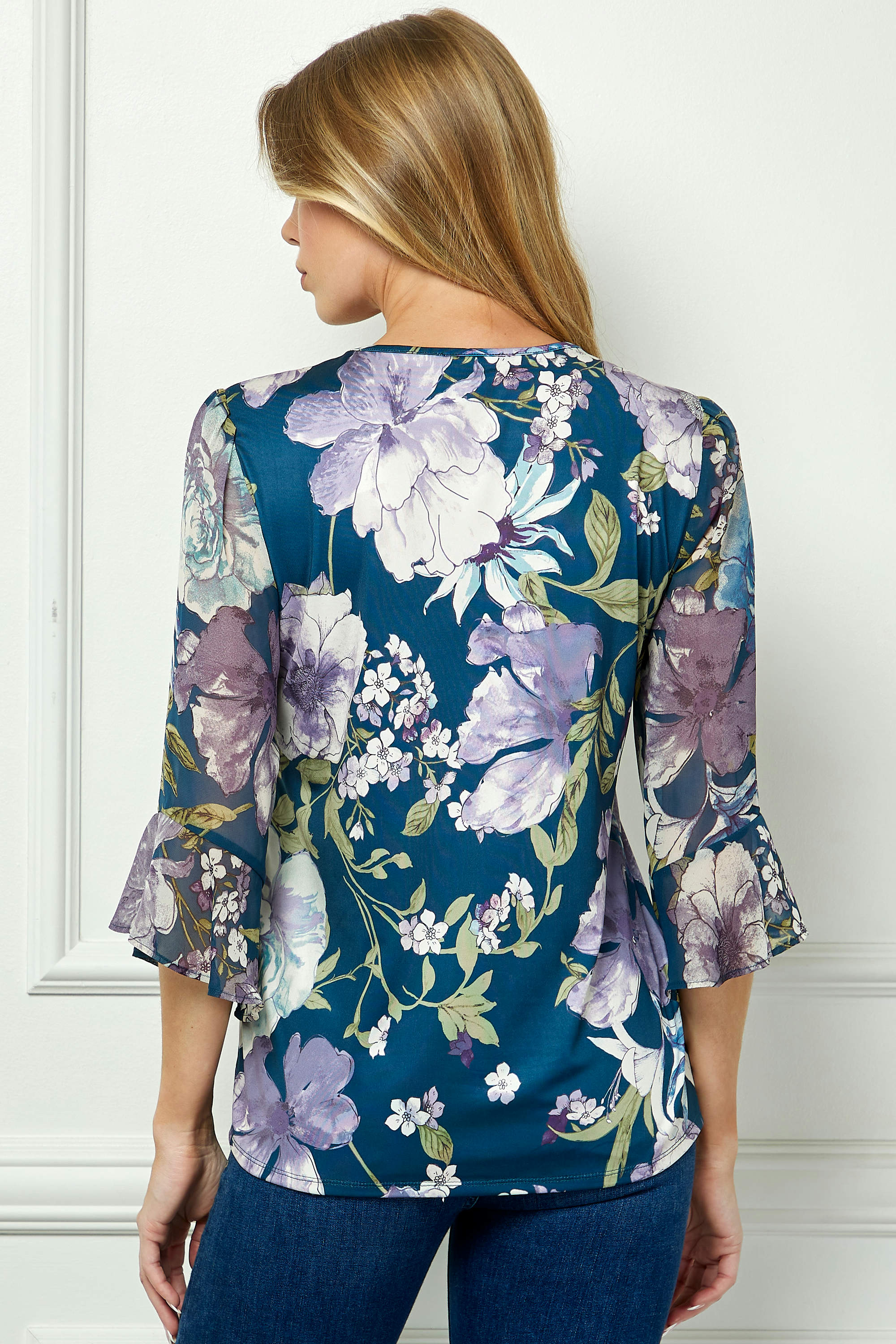 3/4 Ruffle Sleeve Pintuck V-Neck Popover Blouse in Teal - Image 4