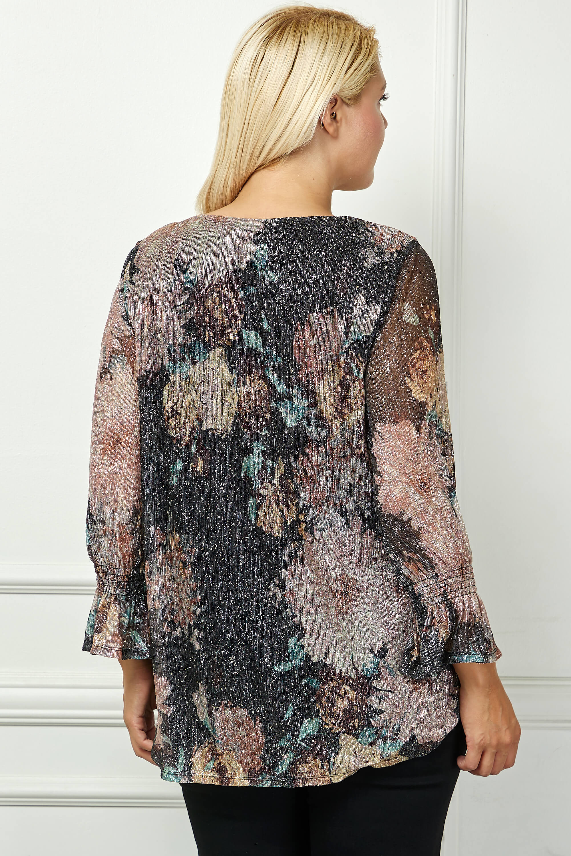 3/4 Ruffle Sleeve V-Neck Blouse - Black - Plus - Image 4