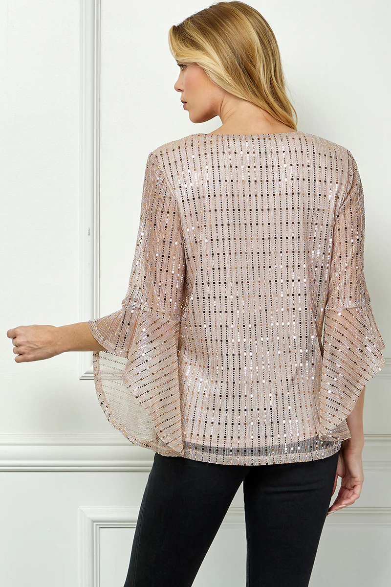 3/4 Ruffle Sleeve V-Neck Blouse - Blush - Image 4