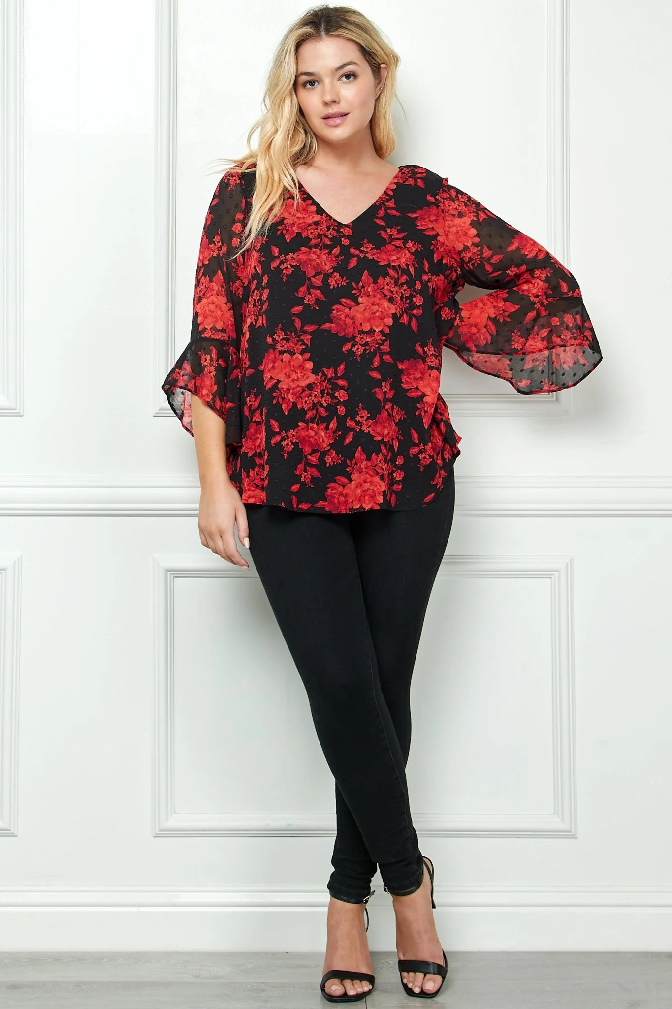 3/4 Ruffle Sleeve V-Neck Swing Blouse- Plus - Image 2