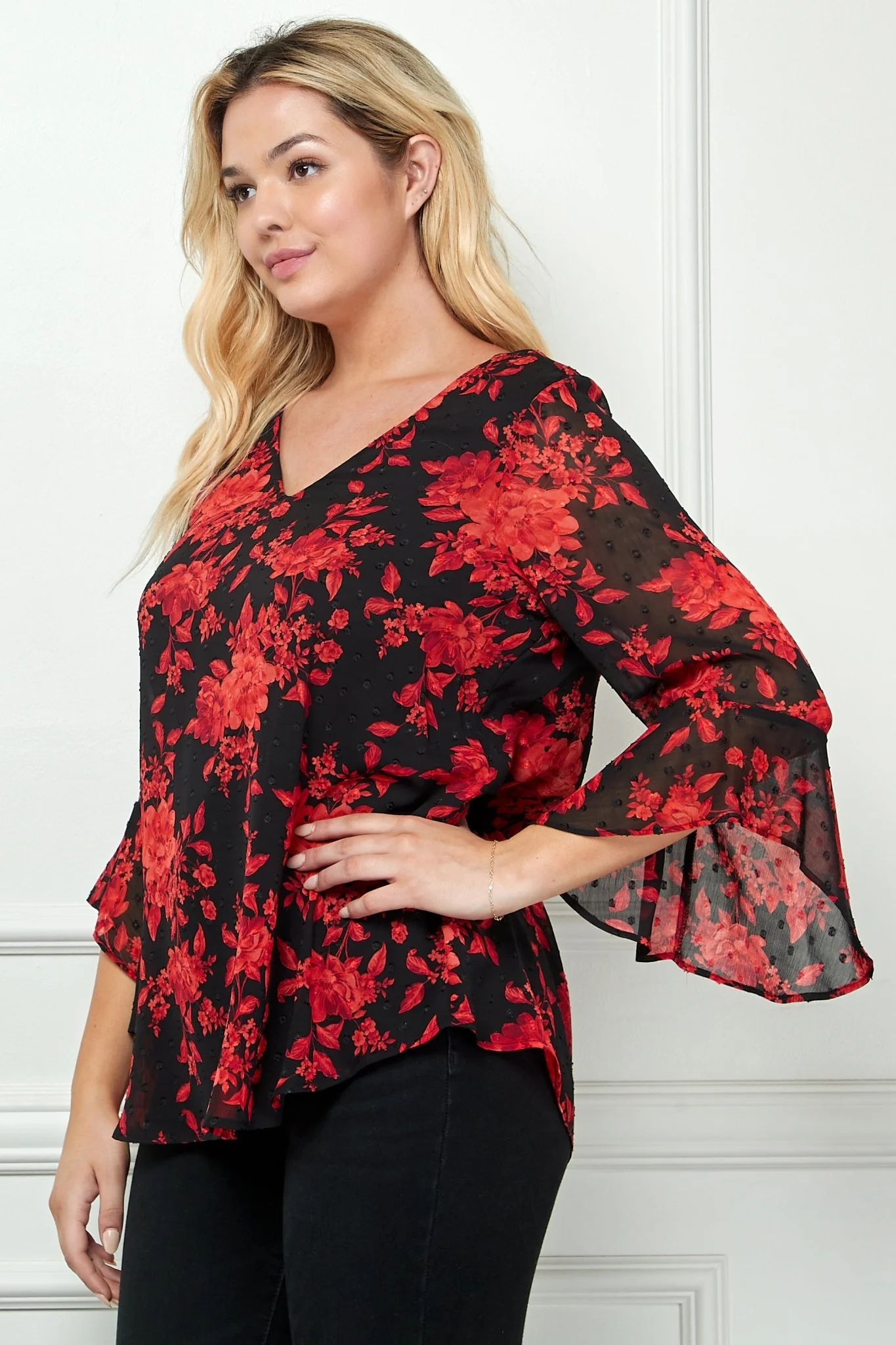 3/4 Ruffle Sleeve V-Neck Swing Blouse- Plus - Image 4