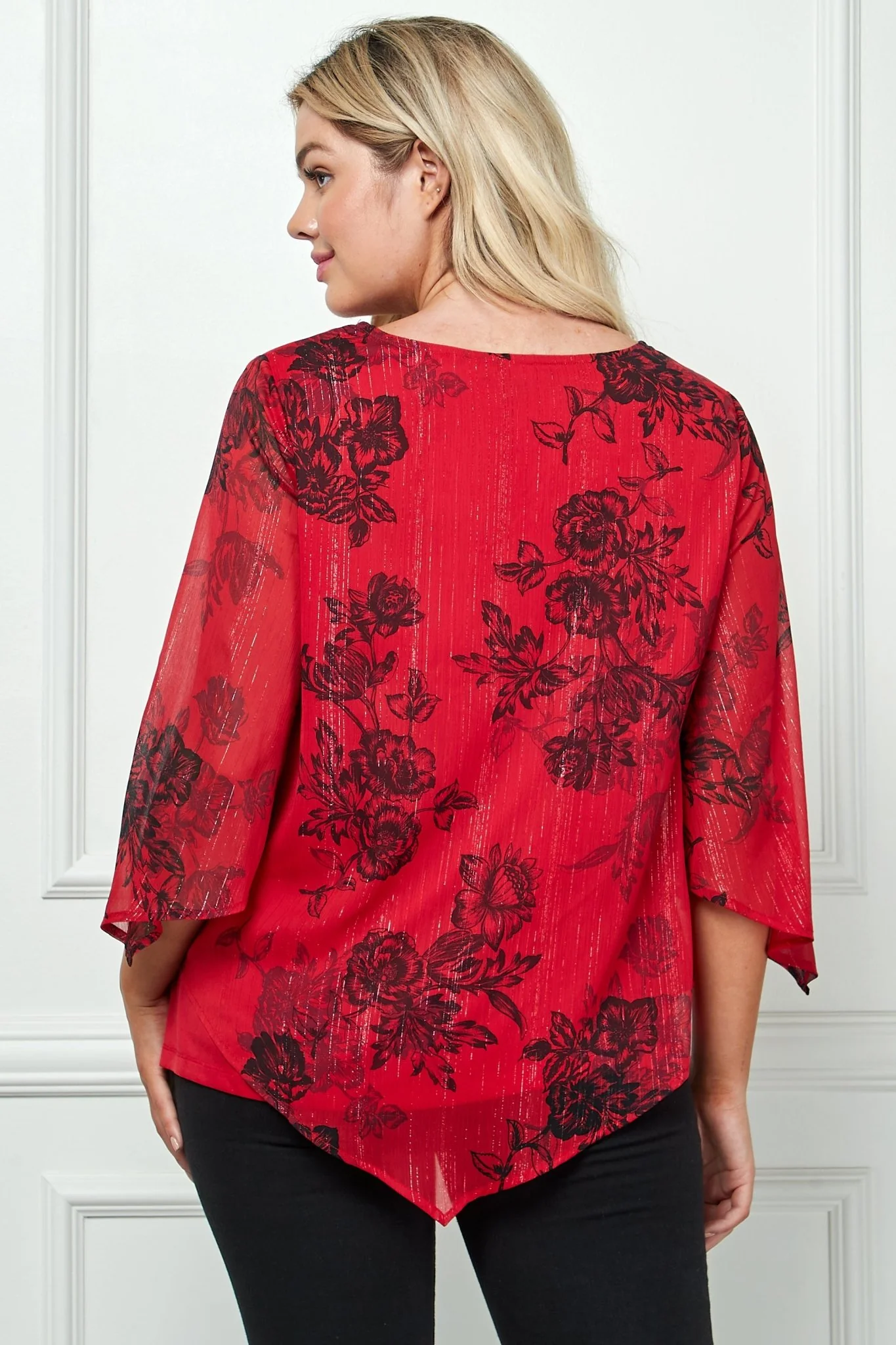 3/4 Sleeve Hanky Hem V-Neck Blouse- Plus - Image 2