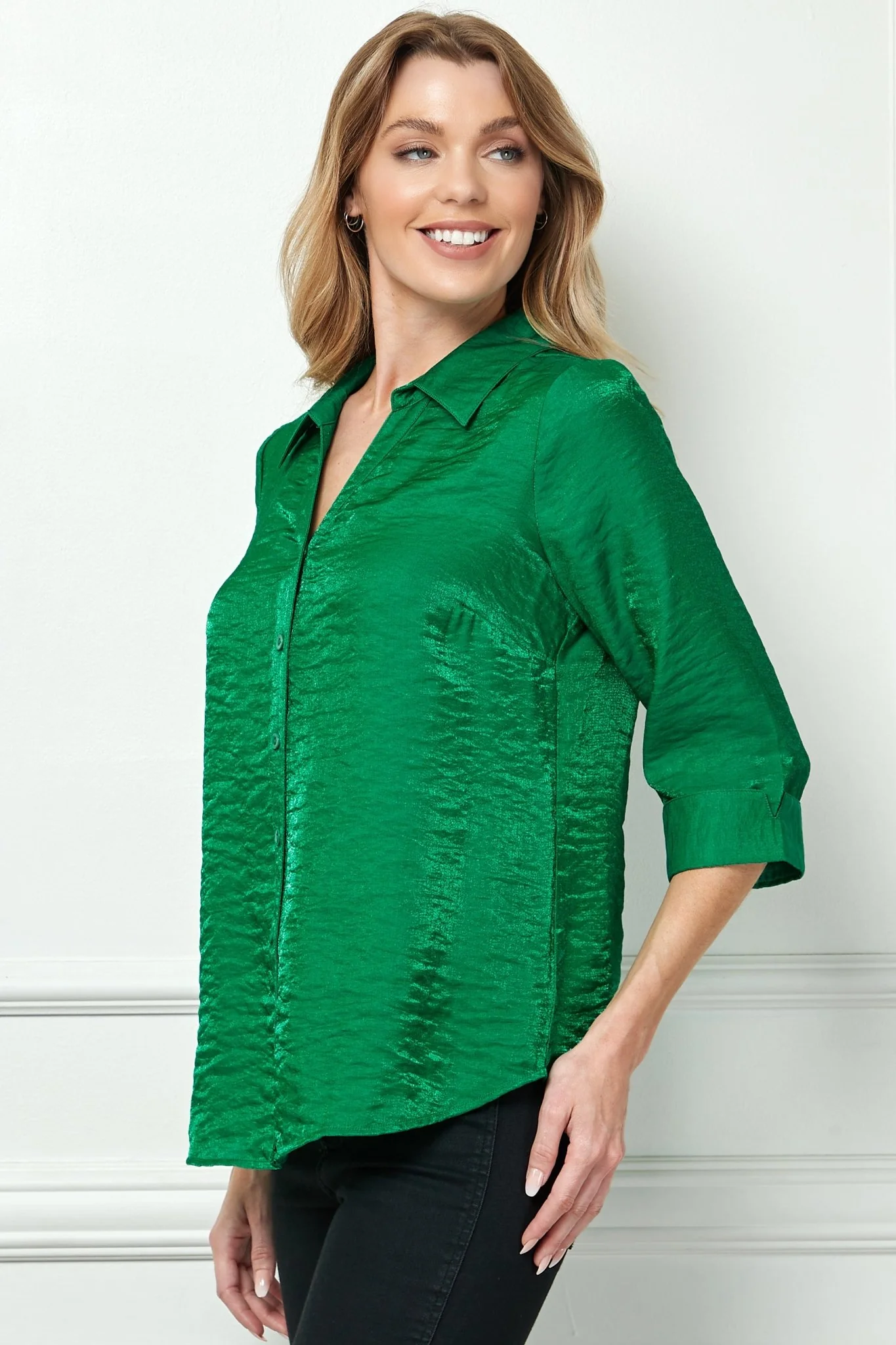 3/4 Sleeve Notch Button-Front Shirt, Green - Image 3