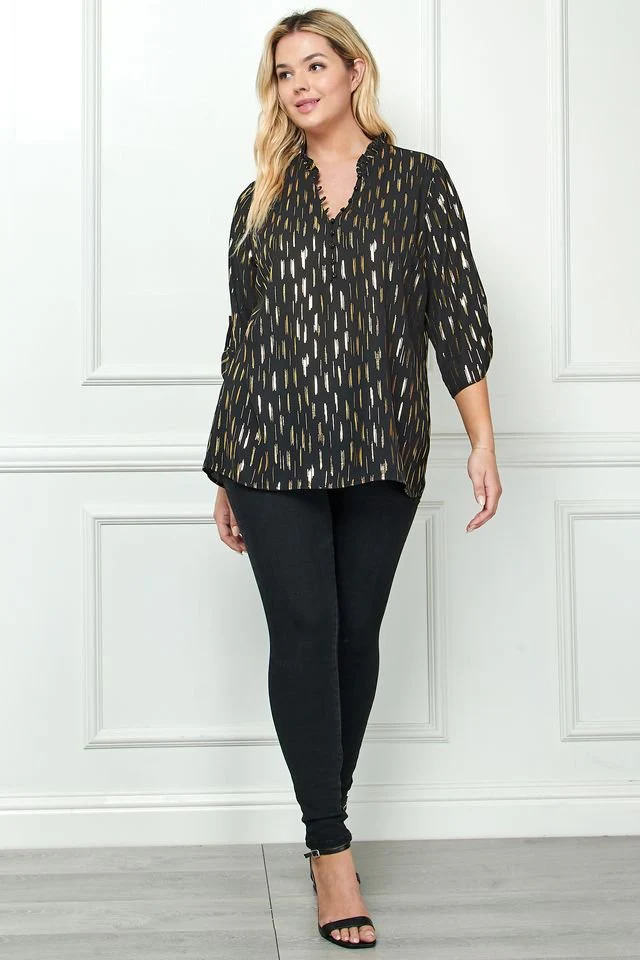 3/4 Tab Sleeve Ruffle Blouse with Covered Buttons and Neck Loops, Black & Gold - Plus - Image 4
