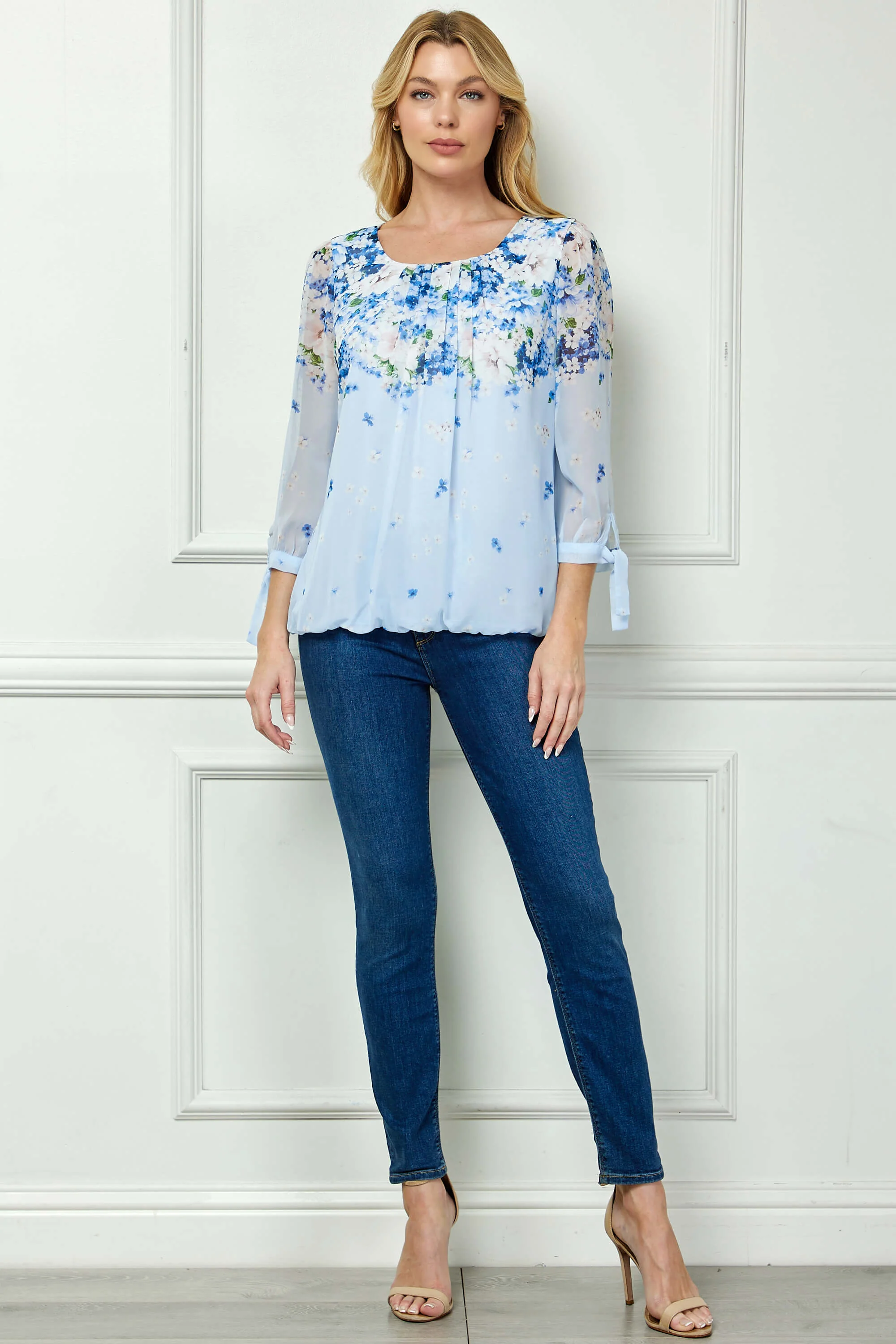 3/4 Tie Sleeve Pleat Neck Border Print Bubble Blouse in Blue - Image 4