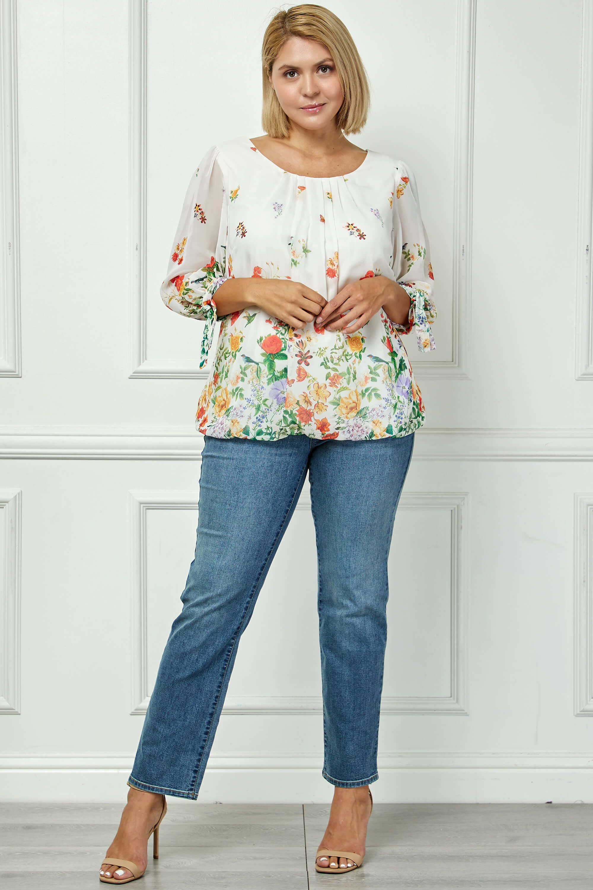 3/4 Tie Sleeve Pleat Neck Border Print Bubble Blouse in Ivory/Coral/Green - Plus - Image 4