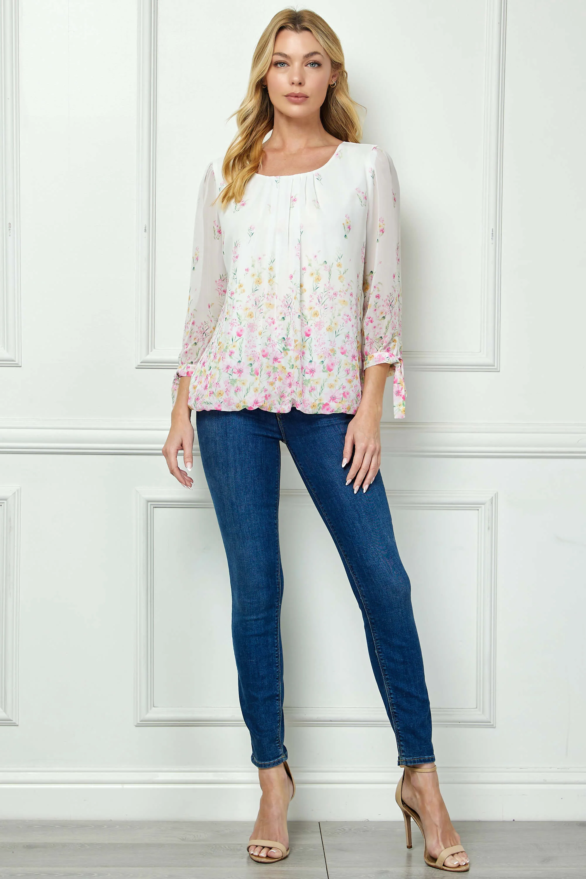 3/4 Tie Sleeve Pleat Neck Border Print Bubble Blouse in Ivory/Yellow/Pink - Image 4