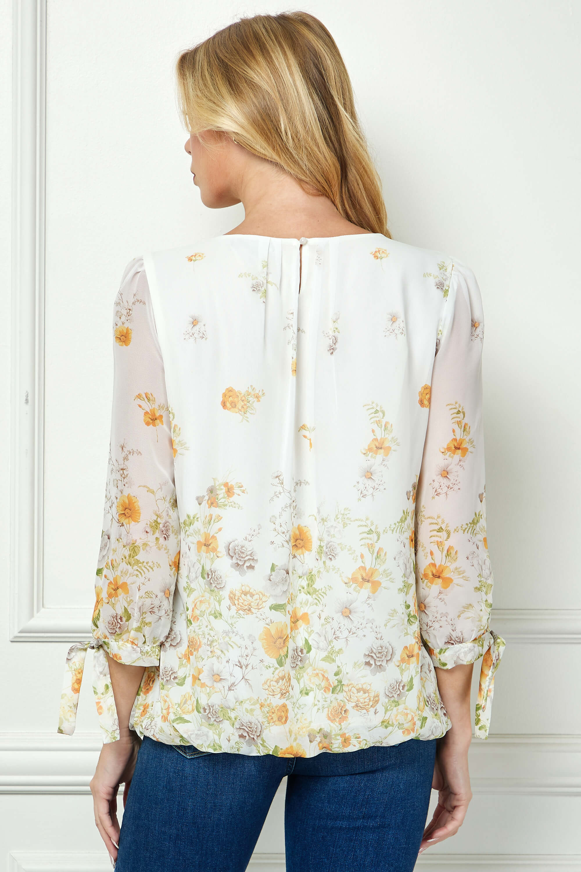 3/4 Tie Sleeve Pleat Neck Border Print Bubble Blouse in Ivory/Yellow/Taupe - Image 2