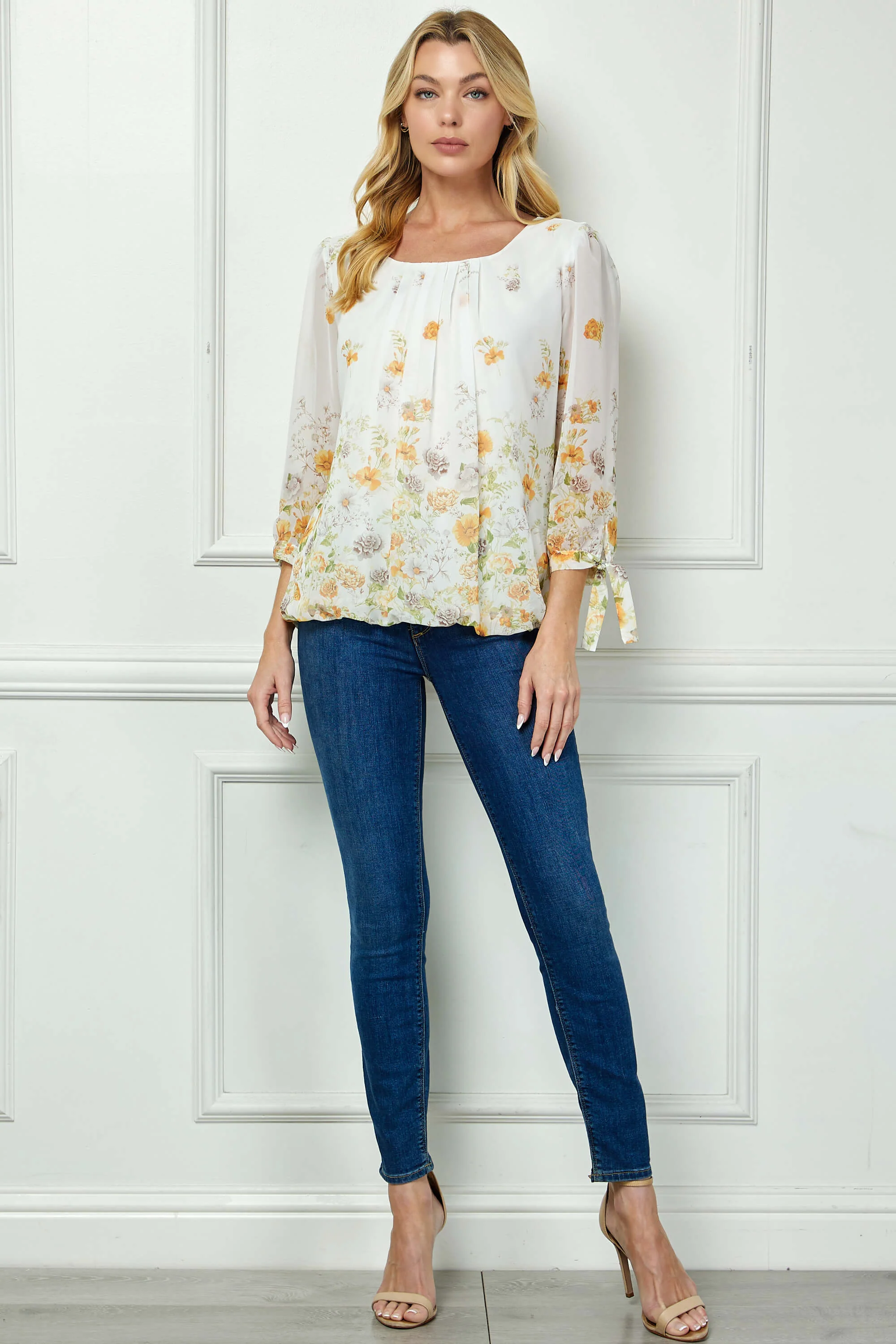 3/4 Tie Sleeve Pleat Neck Border Print Bubble Blouse in Ivory/Yellow/Taupe - Image 4