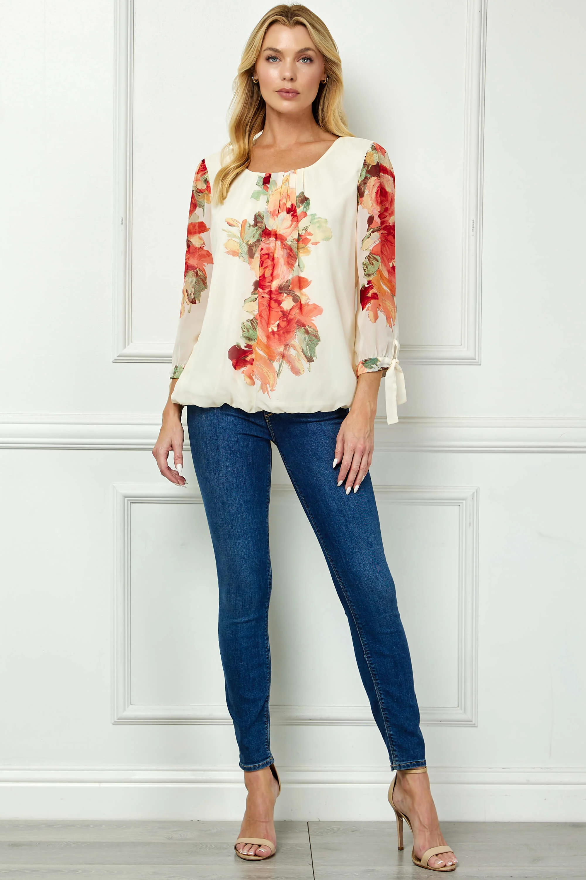 3/4 Tie Sleeve Pleat Neck Bubble Blouse in Cream - Image 3