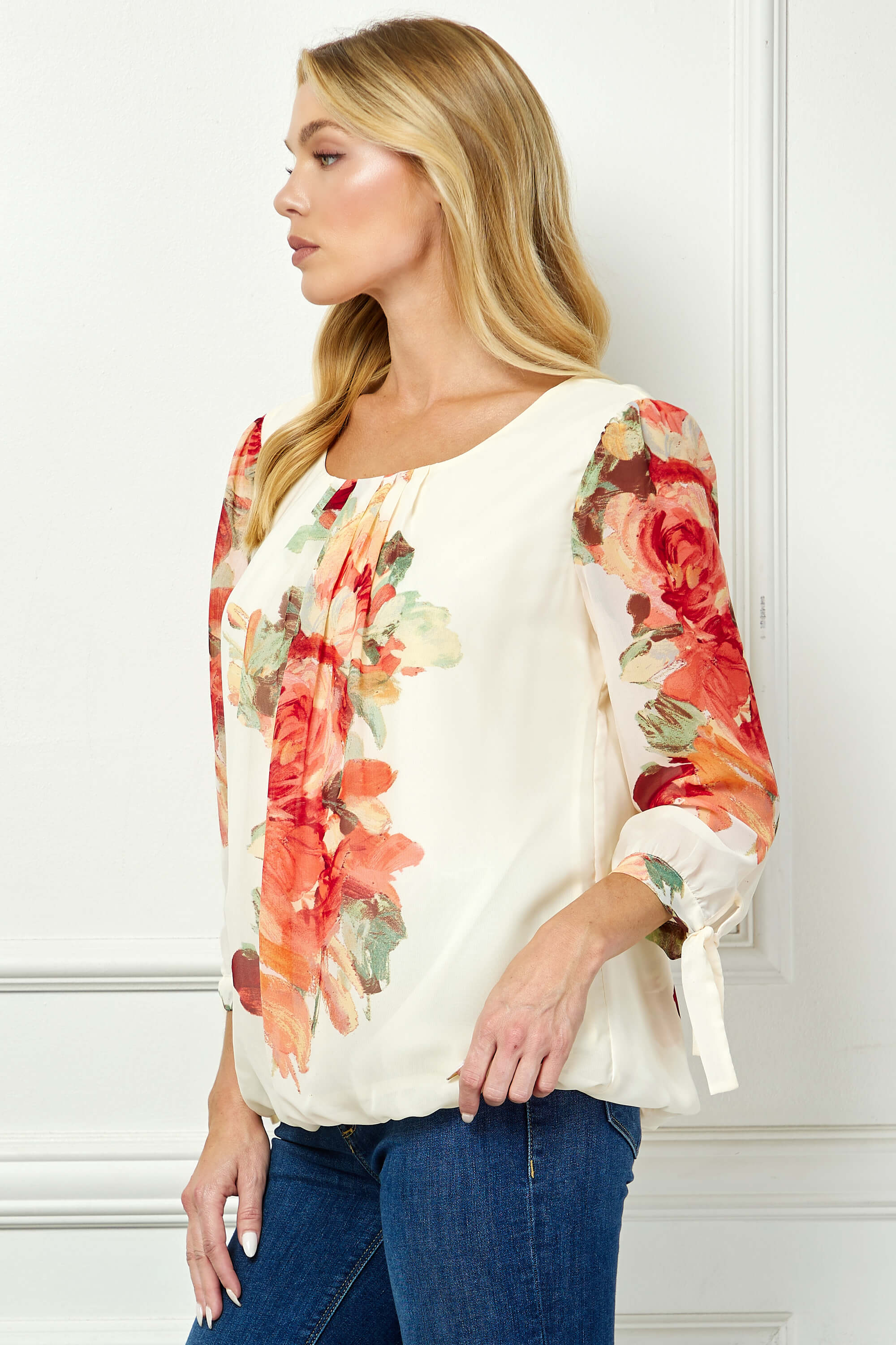 3/4 Tie Sleeve Pleat Neck Bubble Blouse in Cream - Image 4